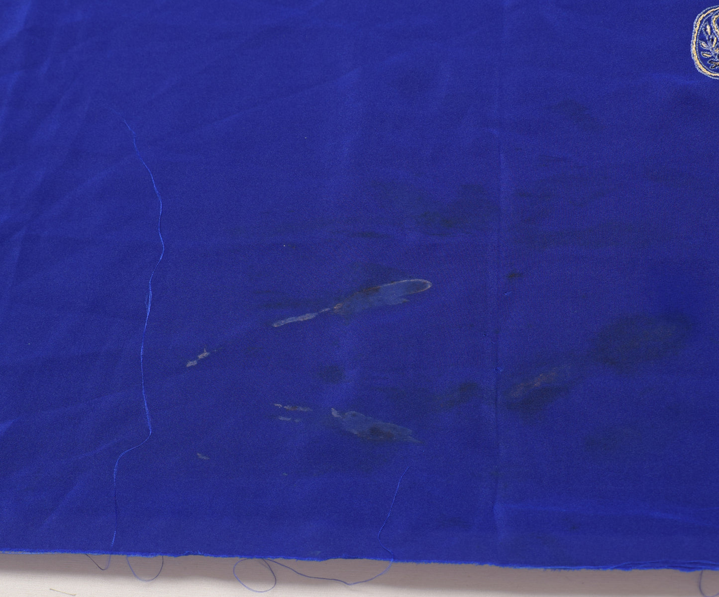 Sushila Vintage Blue Sari Remnant Scrap Crepe Silk Embroidered Craft Fabric
