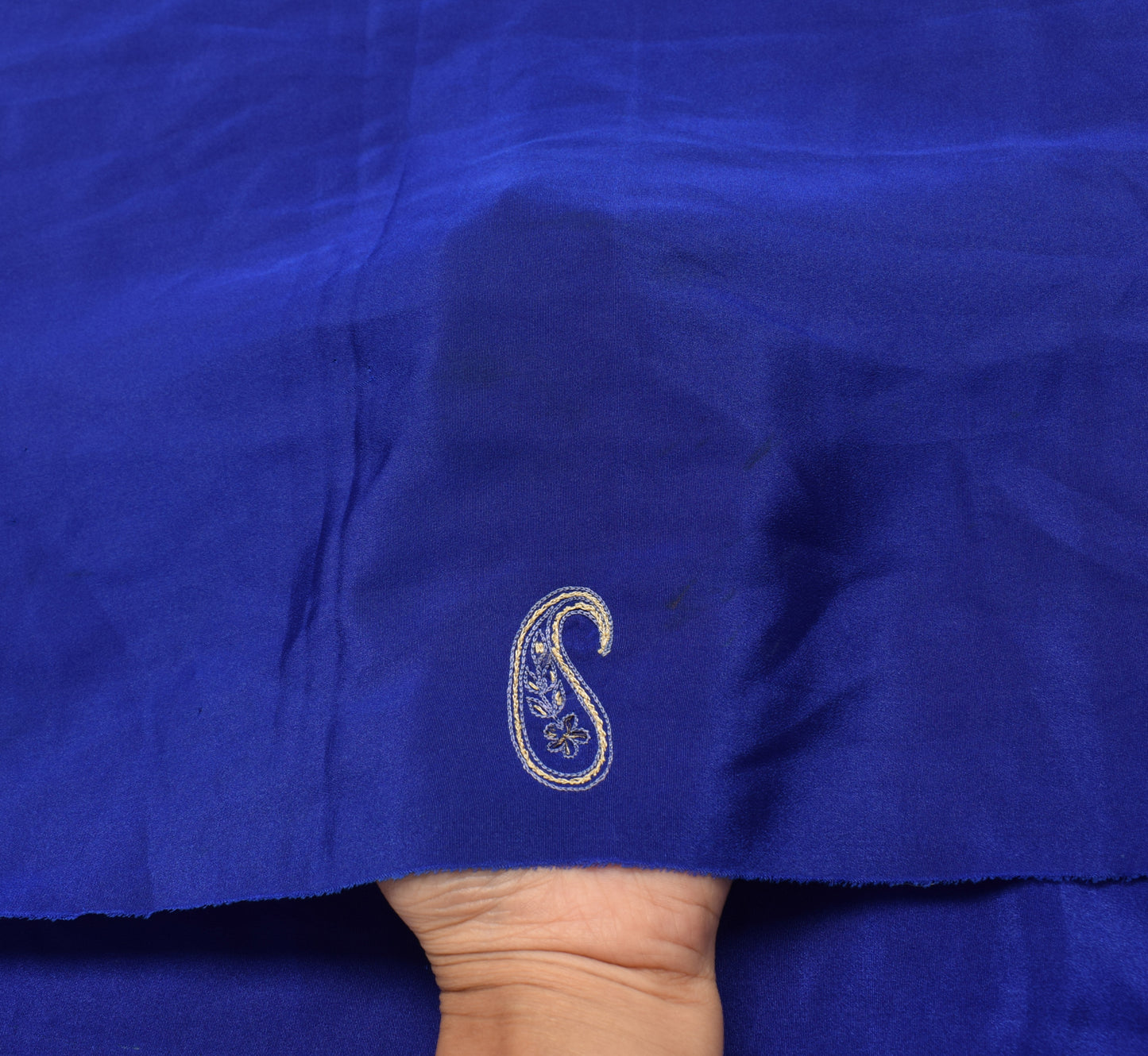 Sushila Vintage Blue Sari Remnant Scrap Crepe Silk Embroidered Craft Fabric