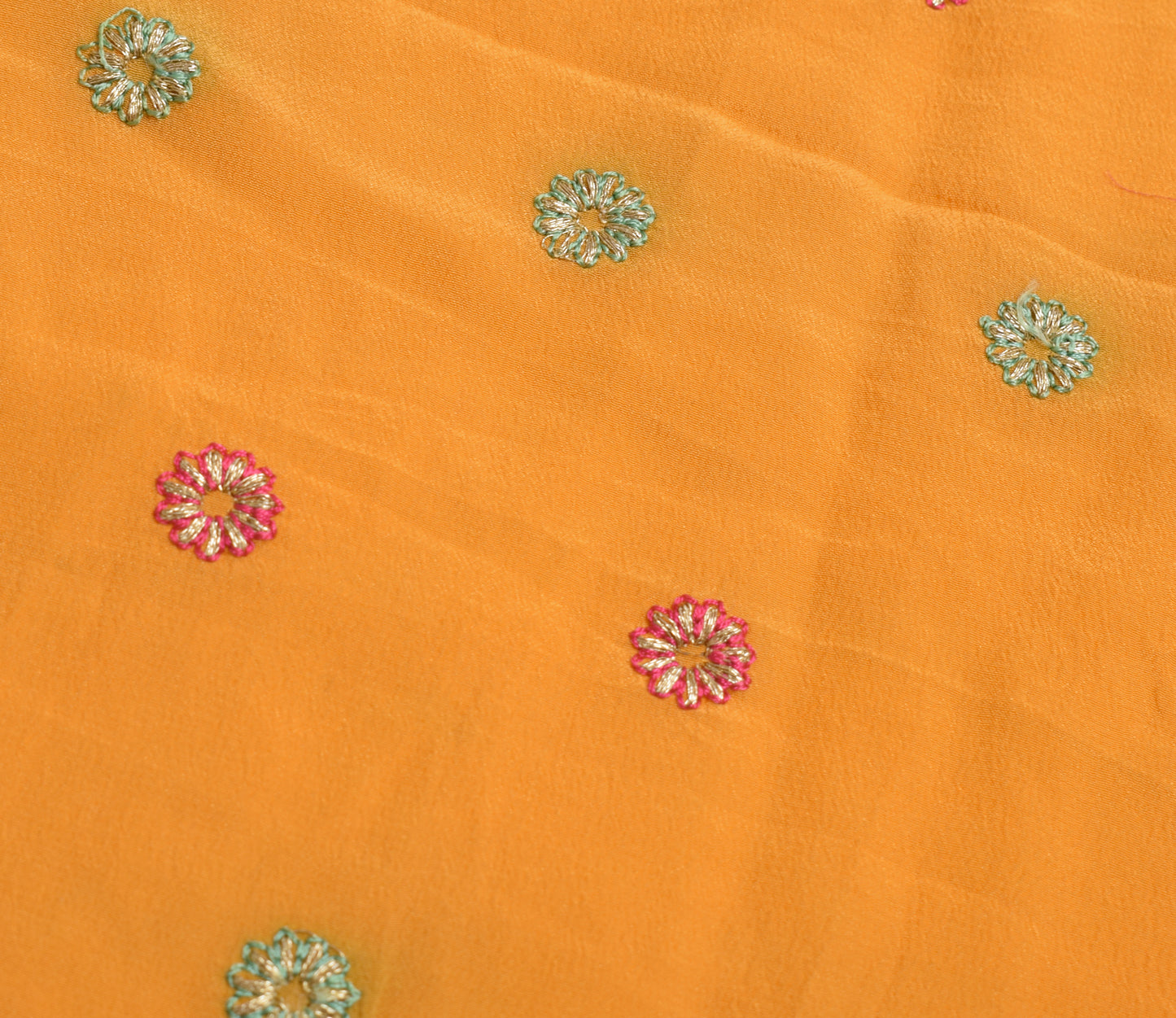 Sushila Vintage Mustard Sari Remnant Scrap Crepe Silk Embroidered Craft Fabric