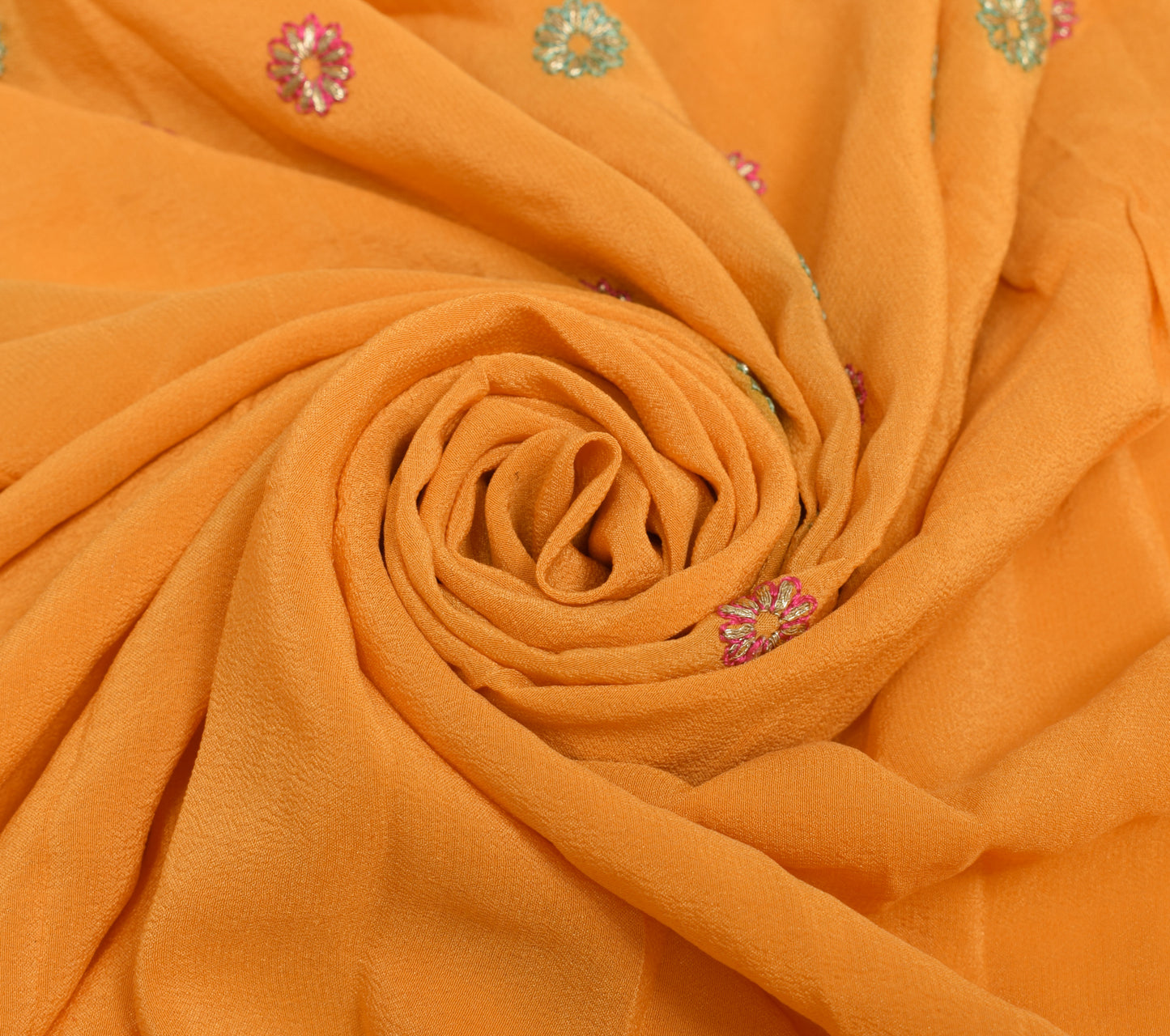 Sushila Vintage Mustard Sari Remnant Scrap Crepe Silk Embroidered Craft Fabric