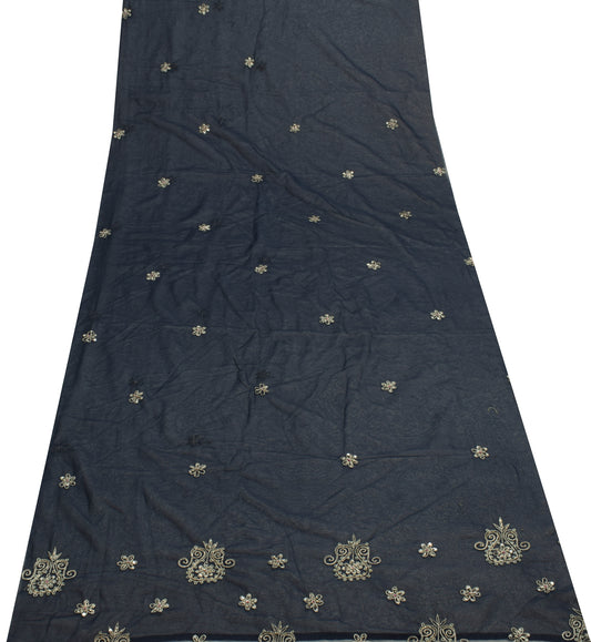 Sushila Vintage Blue Sari Remnant Scrap Georgette Silk Hand Beaded Craft Fabric