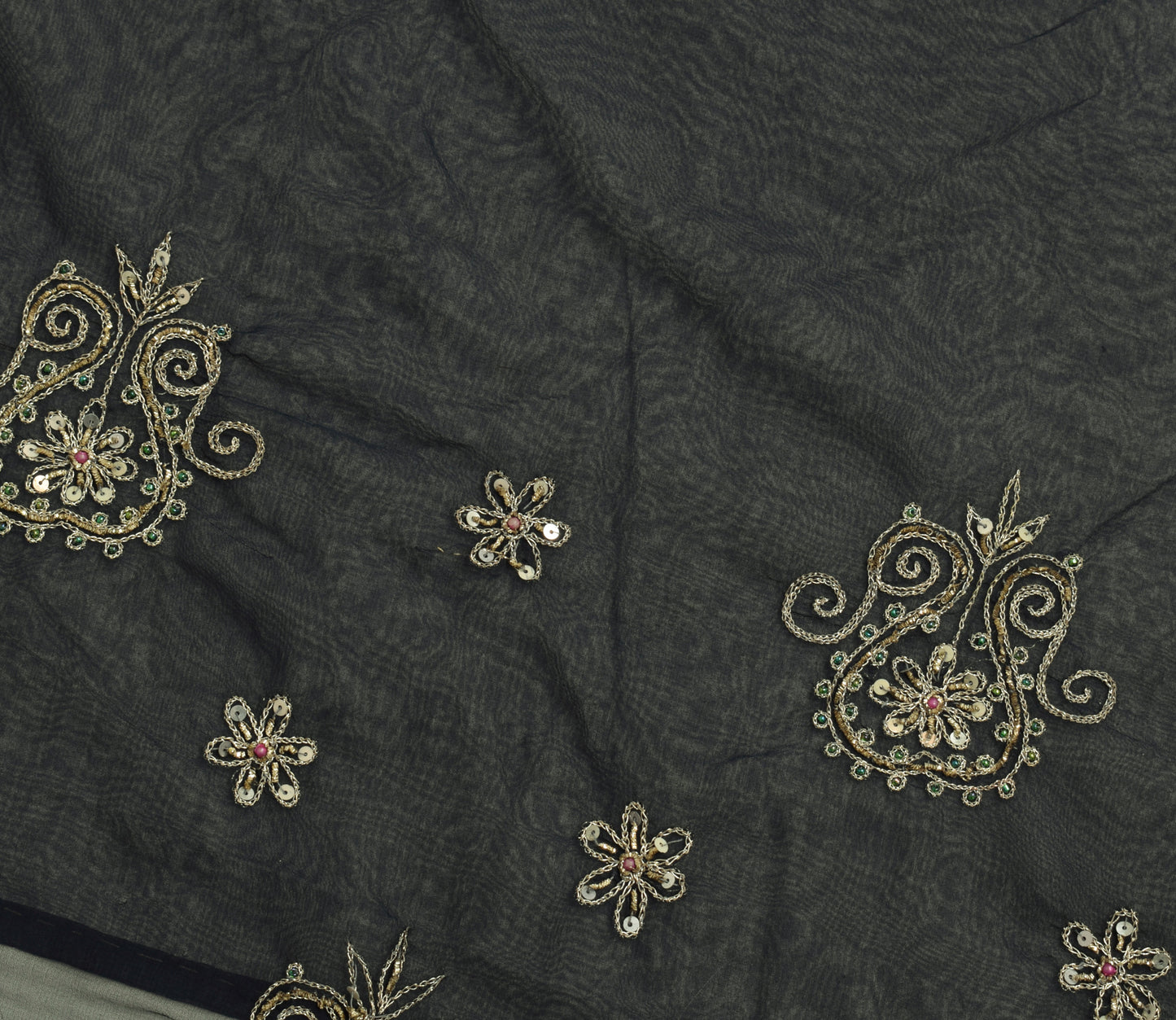 Sushila Vintage Blue Sari Remnant Scrap Georgette Silk Hand Beaded Craft Fabric