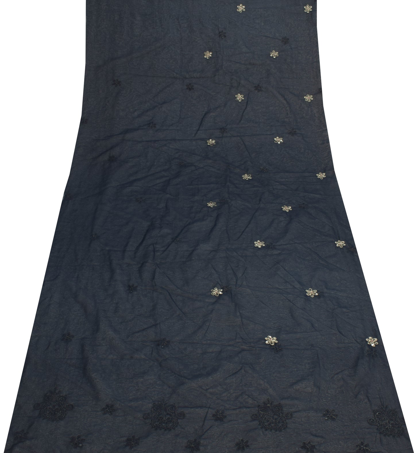 Sushila Vintage Blue Sari Remnant Scrap Georgette Silk Hand Beaded Craft Fabric