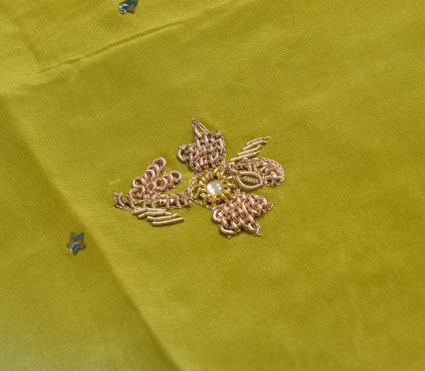 Sushila Vintage Green Sari Remnant Scrap 100% Pure Silk Hand Beaded Craft Fabric