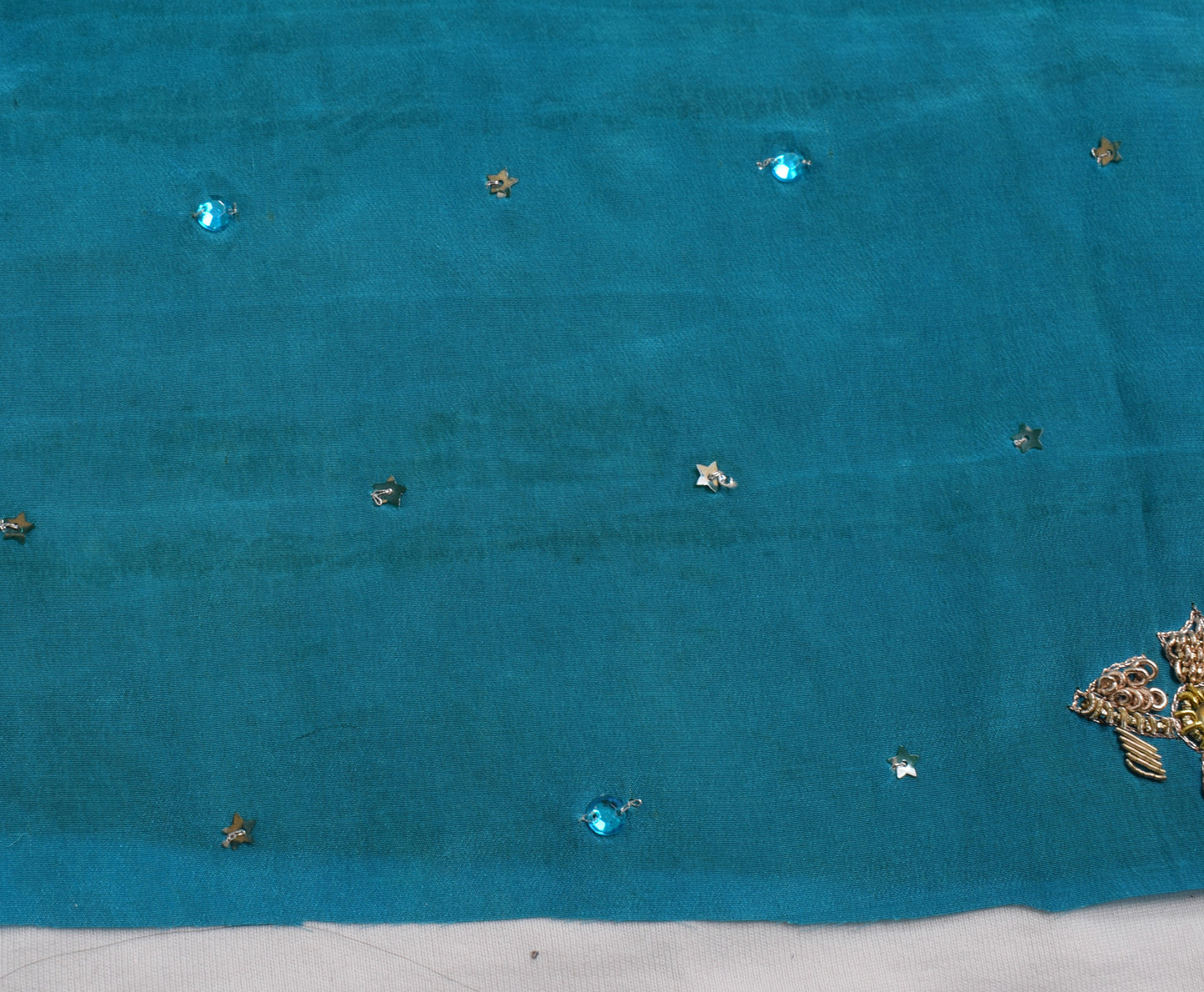 Sushila Vintage Green Sari Remnant Scrap 100% Pure Silk Hand Beaded Craft Fabric