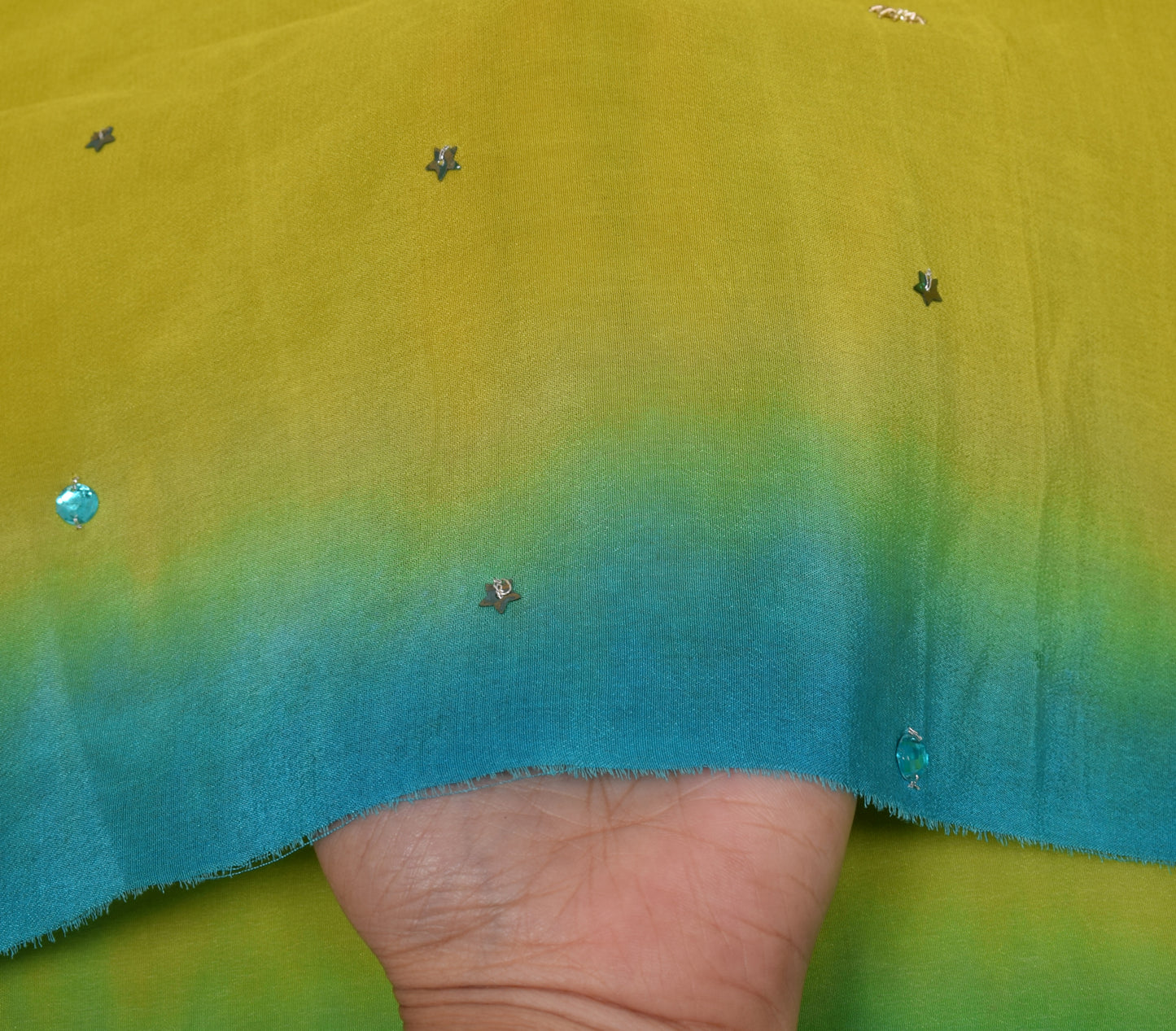 Sushila Vintage Green Sari Remnant Scrap 100% Pure Silk Hand Beaded Craft Fabric