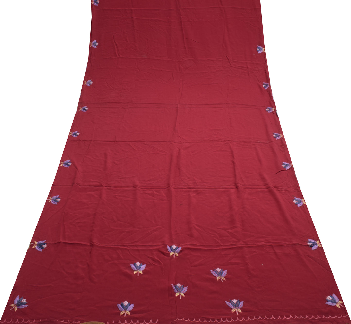 Sushila Vintage Maroon Sari Remnant Scrap Pure Crepe Silk Embroidey Craft Fabric