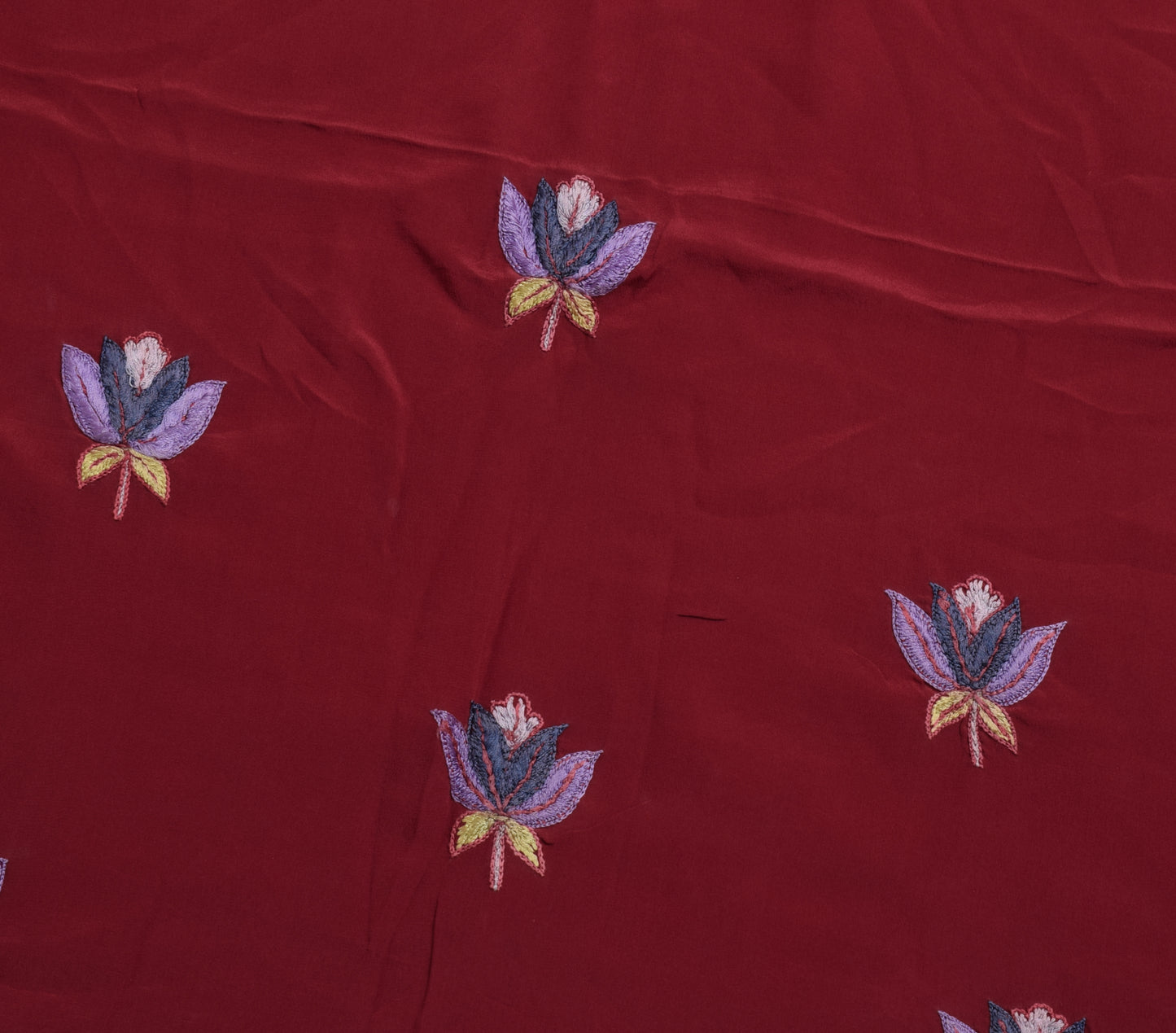 Sushila Vintage Maroon Sari Remnant Scrap Pure Crepe Silk Embroidey Craft Fabric