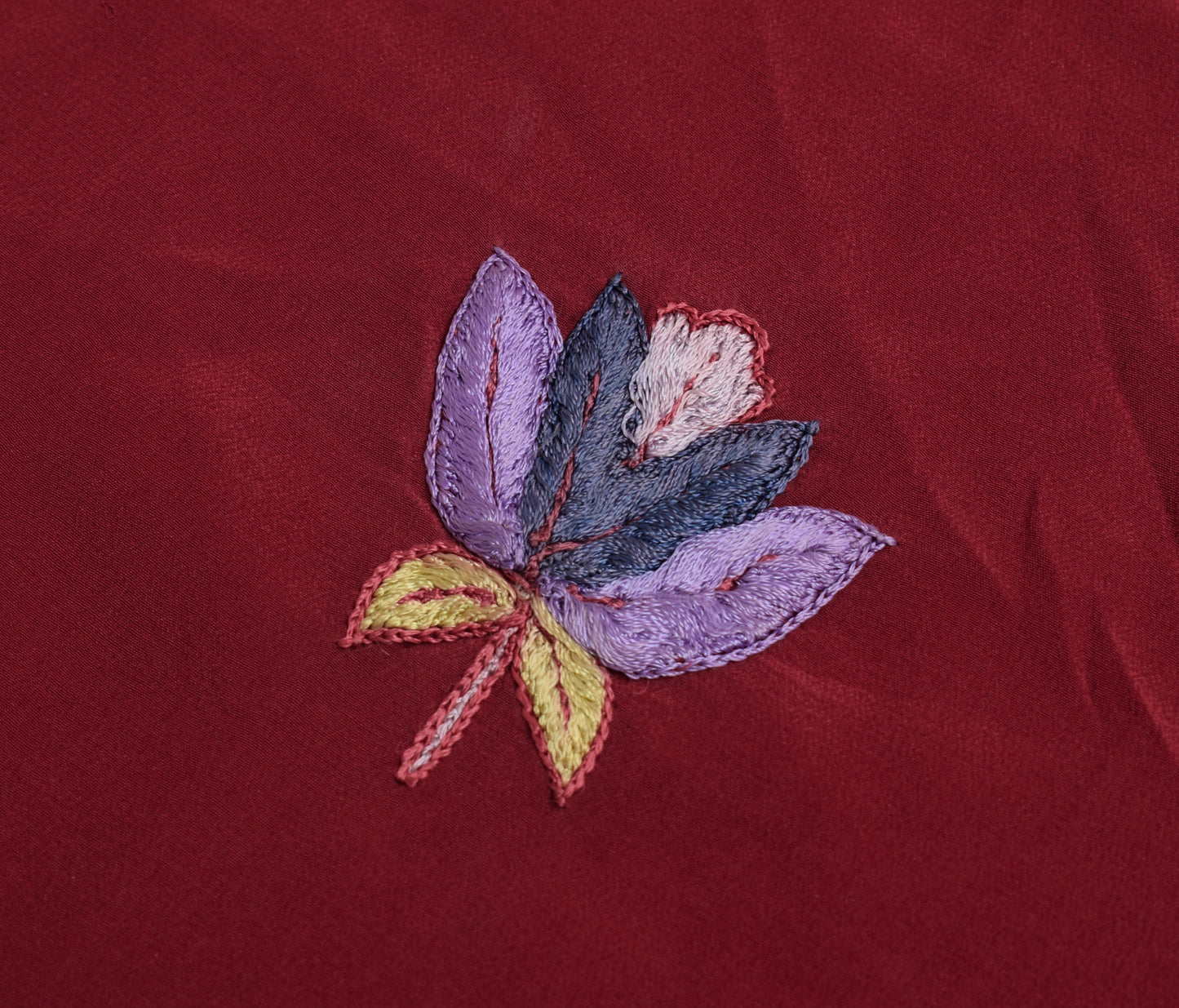 Sushila Vintage Maroon Sari Remnant Scrap Pure Crepe Silk Embroidey Craft Fabric