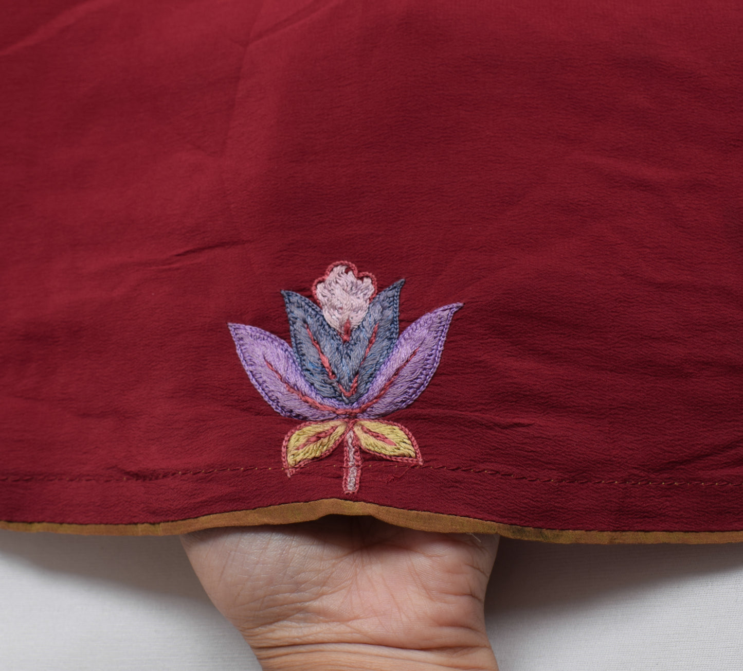 Sushila Vintage Maroon Sari Remnant Scrap Pure Crepe Silk Embroidey Craft Fabric