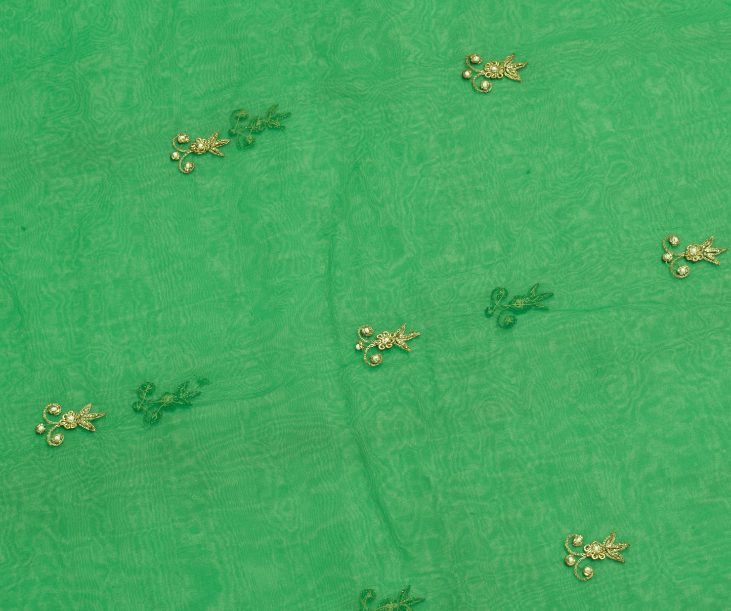 Sushila Vintage Green Sari Remnant Scrap Georgette Silk Hand Beaded Craft Fabric