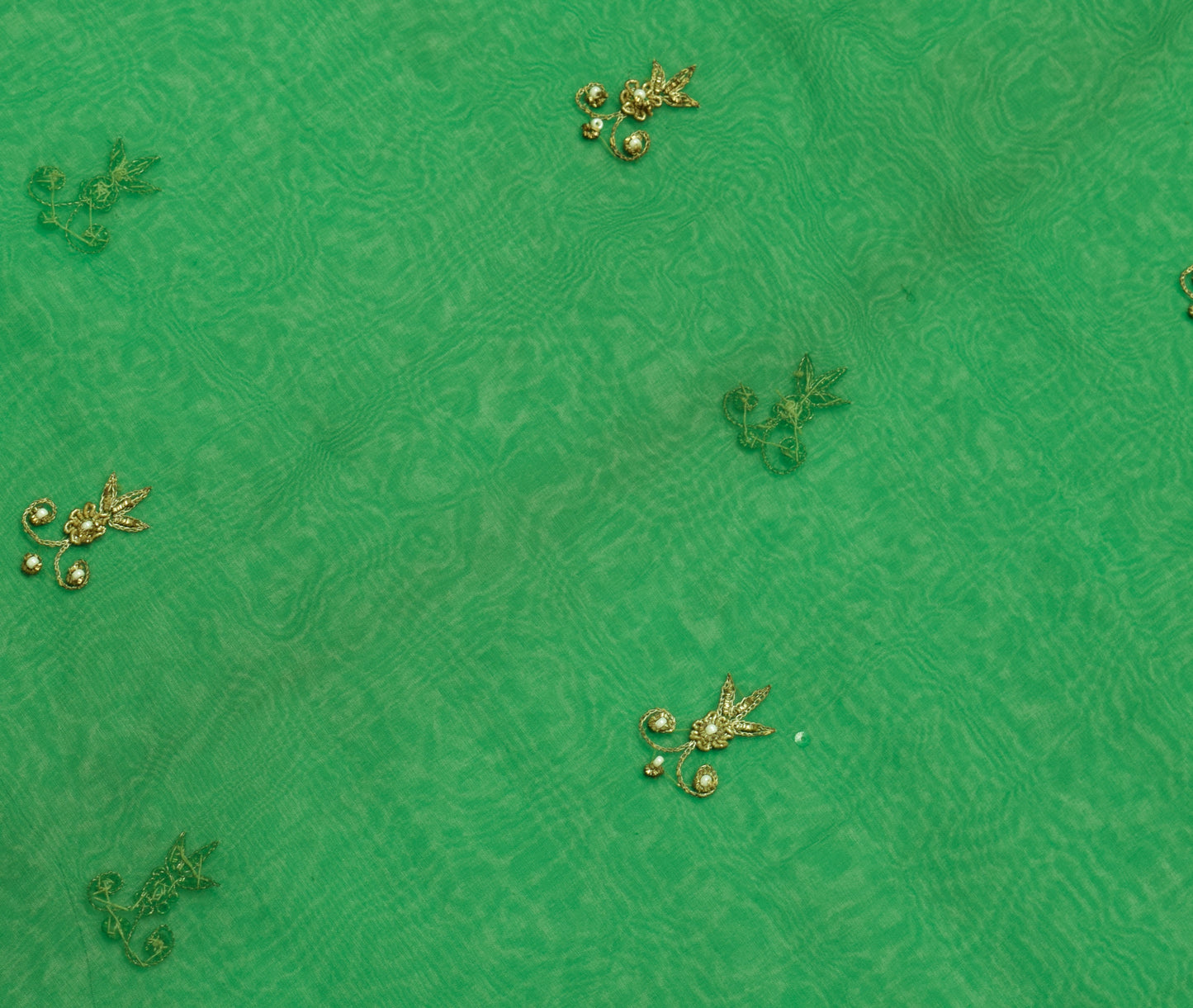 Sushila Vintage Green Sari Remnant Scrap Georgette Silk Hand Beaded Craft Fabric