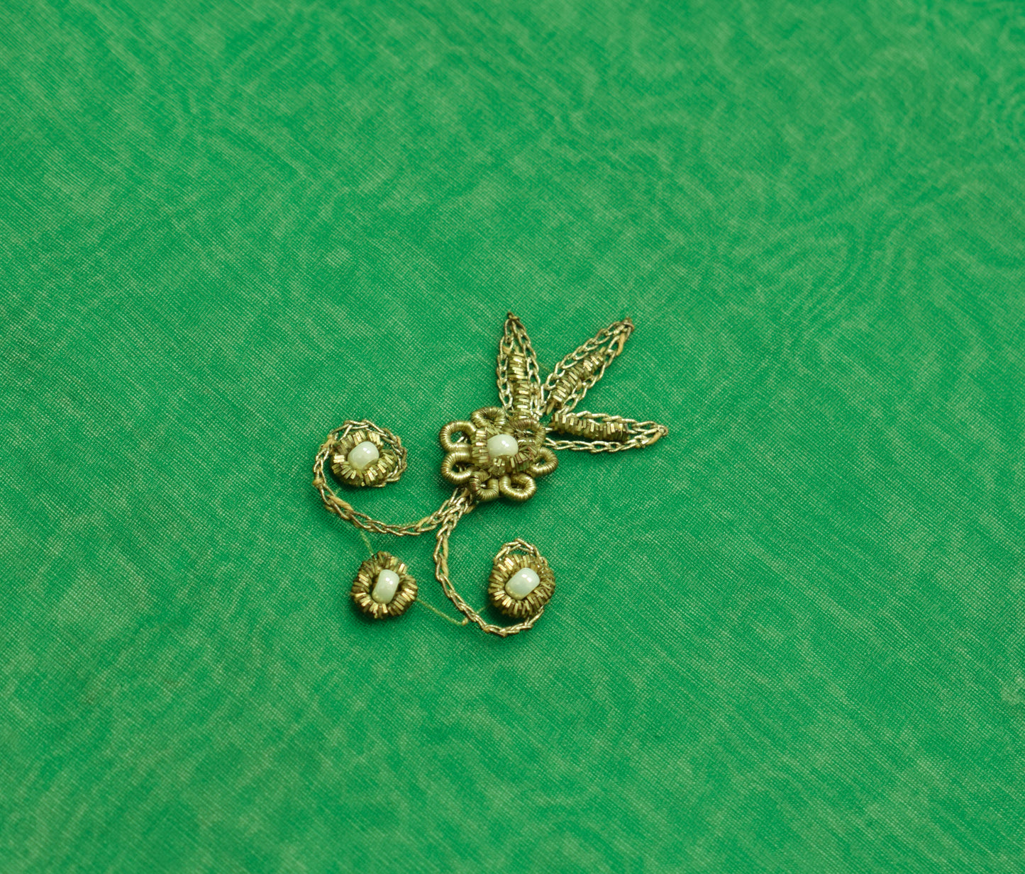 Sushila Vintage Green Sari Remnant Scrap Georgette Silk Hand Beaded Craft Fabric