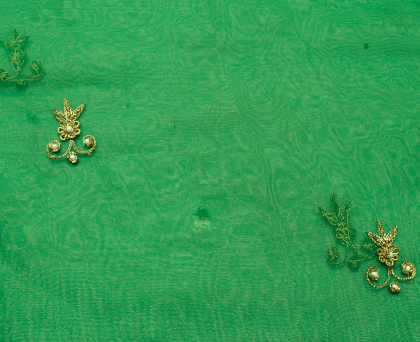 Sushila Vintage Green Sari Remnant Scrap Georgette Silk Hand Beaded Craft Fabric
