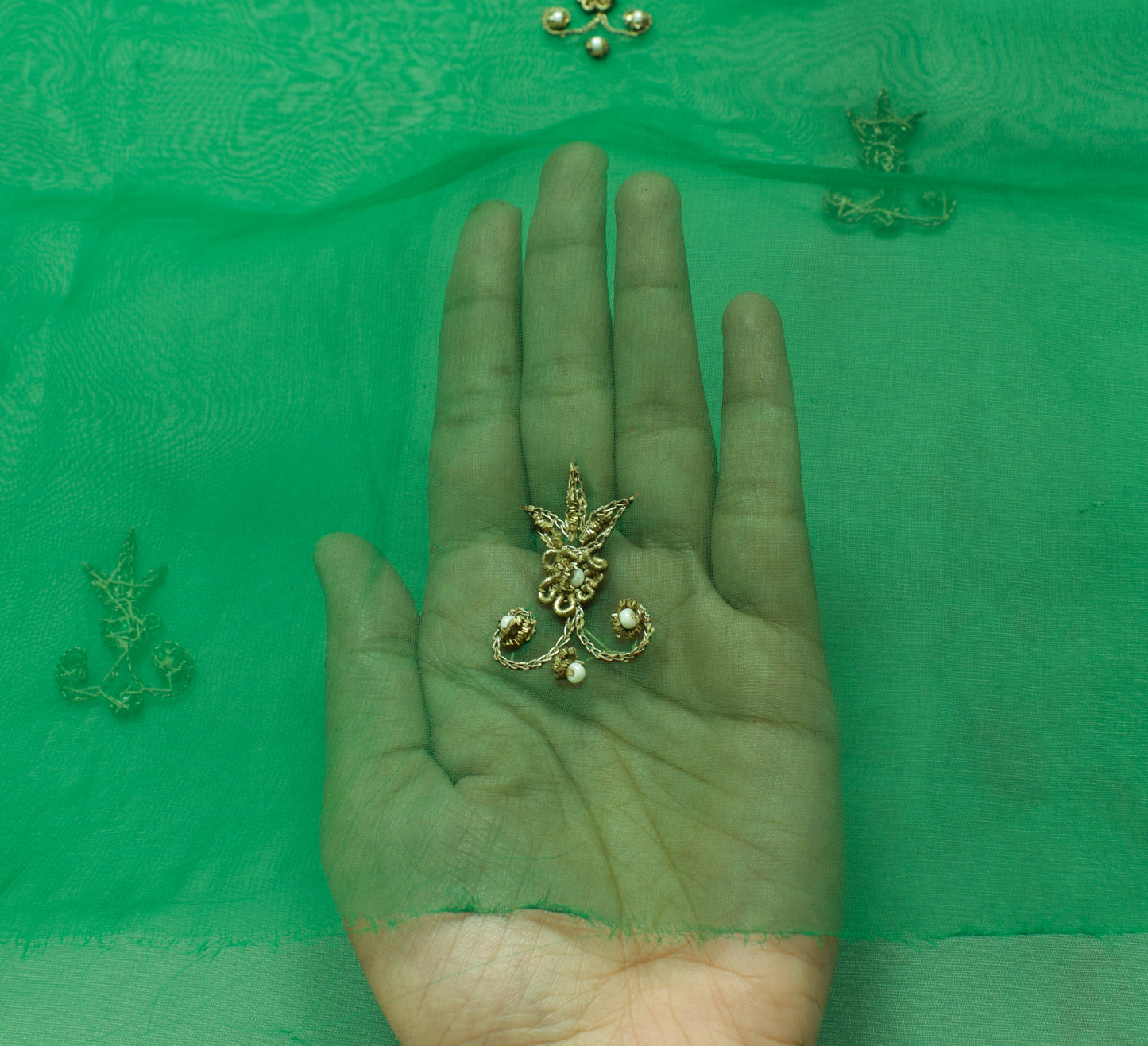 Sushila Vintage Green Sari Remnant Scrap Georgette Silk Hand Beaded Craft Fabric