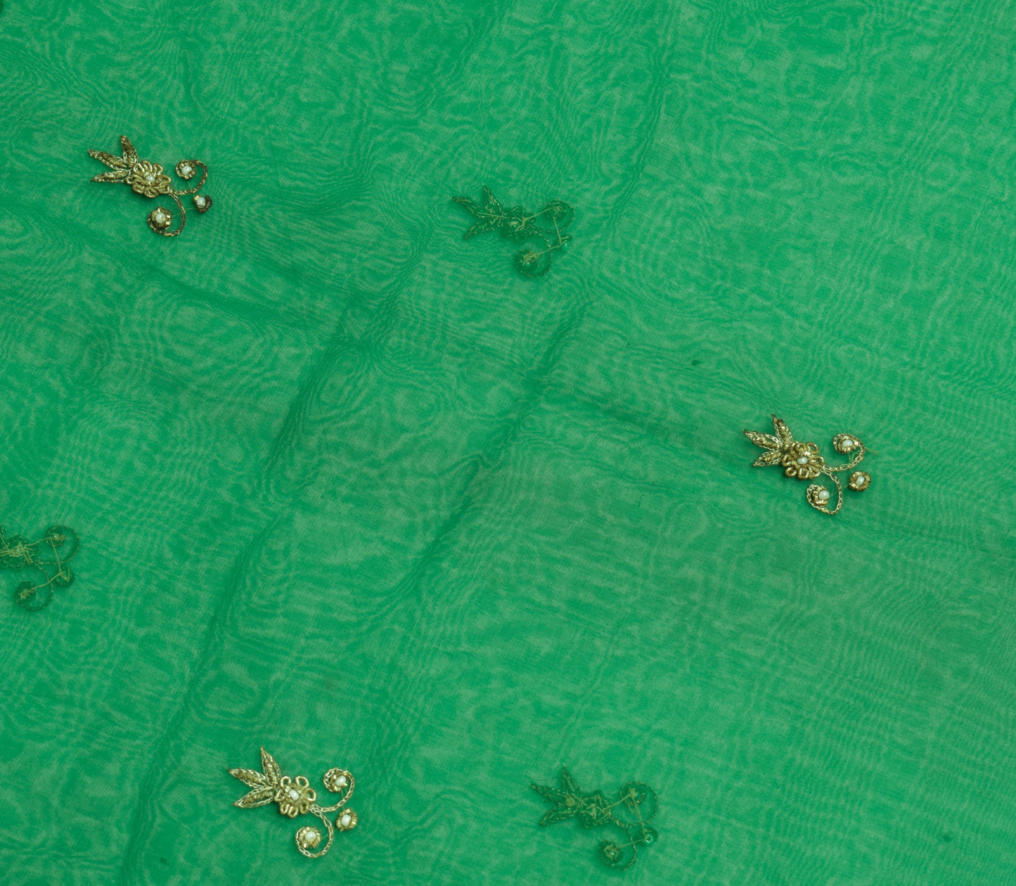 Sushila Vintage Green Sari Remnant Scrap Georgette Silk Hand Beaded Craft Fabric