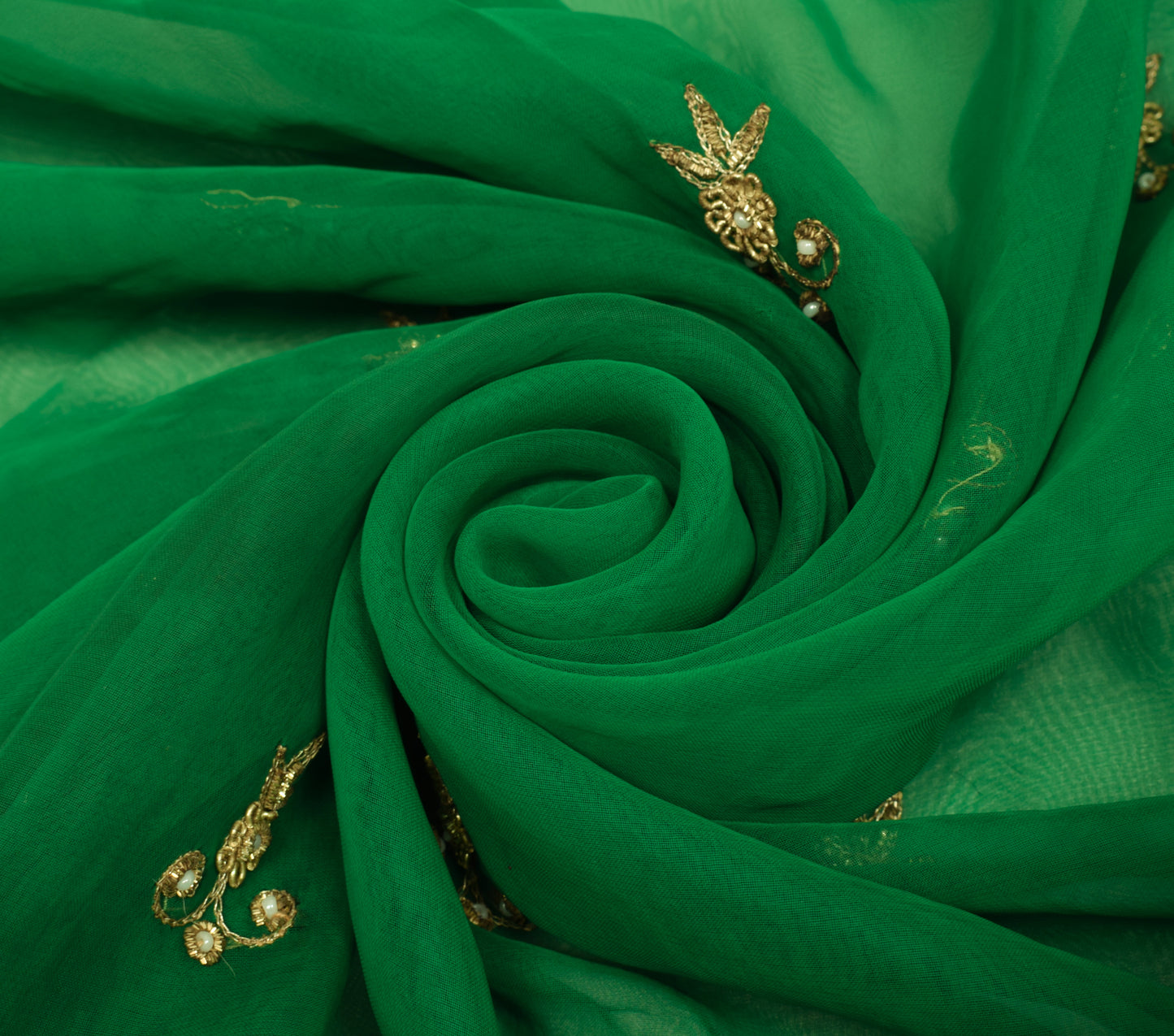 Sushila Vintage Green Sari Remnant Scrap Georgette Silk Hand Beaded Craft Fabric