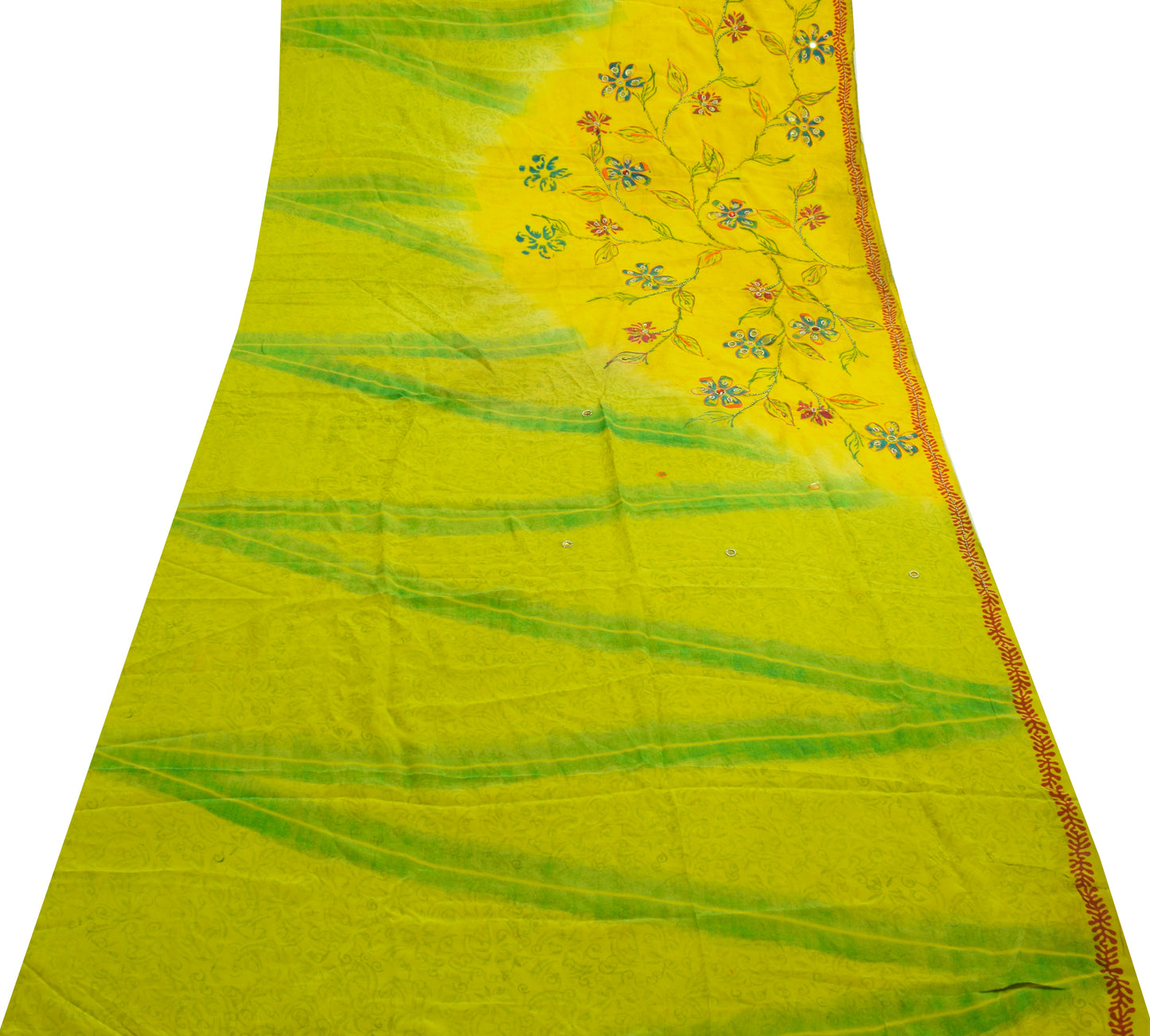 Sushila Vintage Green Silk Sari Remnant Scrap Multi Purpose Printed Craft Fabric