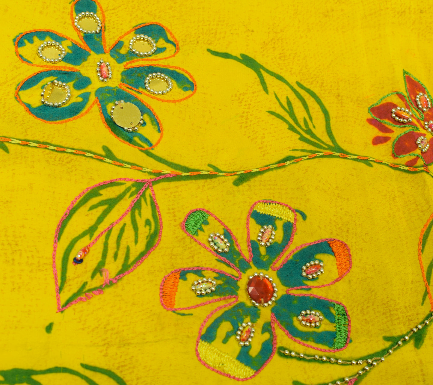 Sushila Vintage Green Silk Sari Remnant Scrap Multi Purpose Printed Craft Fabric