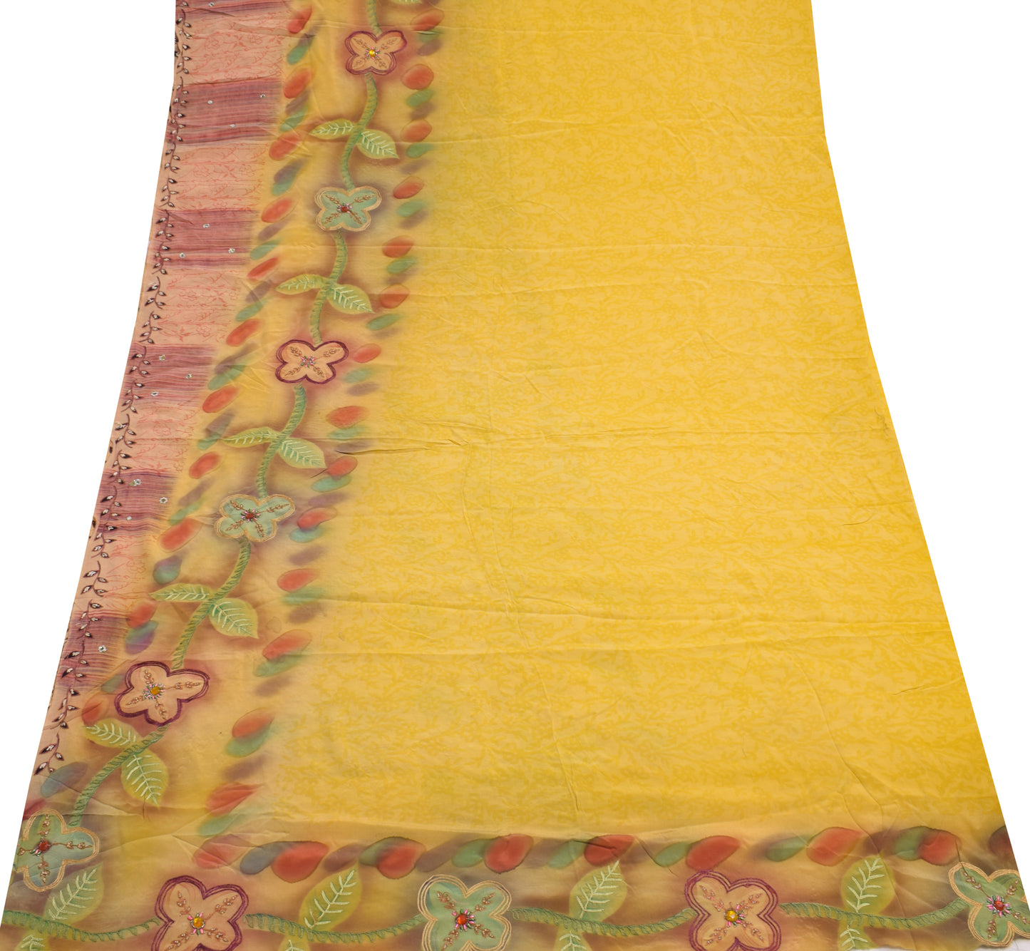 Sushila Vintage Yellow Sari Remnant Scrap Pure Crepe Hand Beaded Craft Fabric