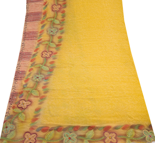 Sushila Vintage Yellow Sari Remnant Scrap Pure Crepe Hand Beaded Craft Fabric