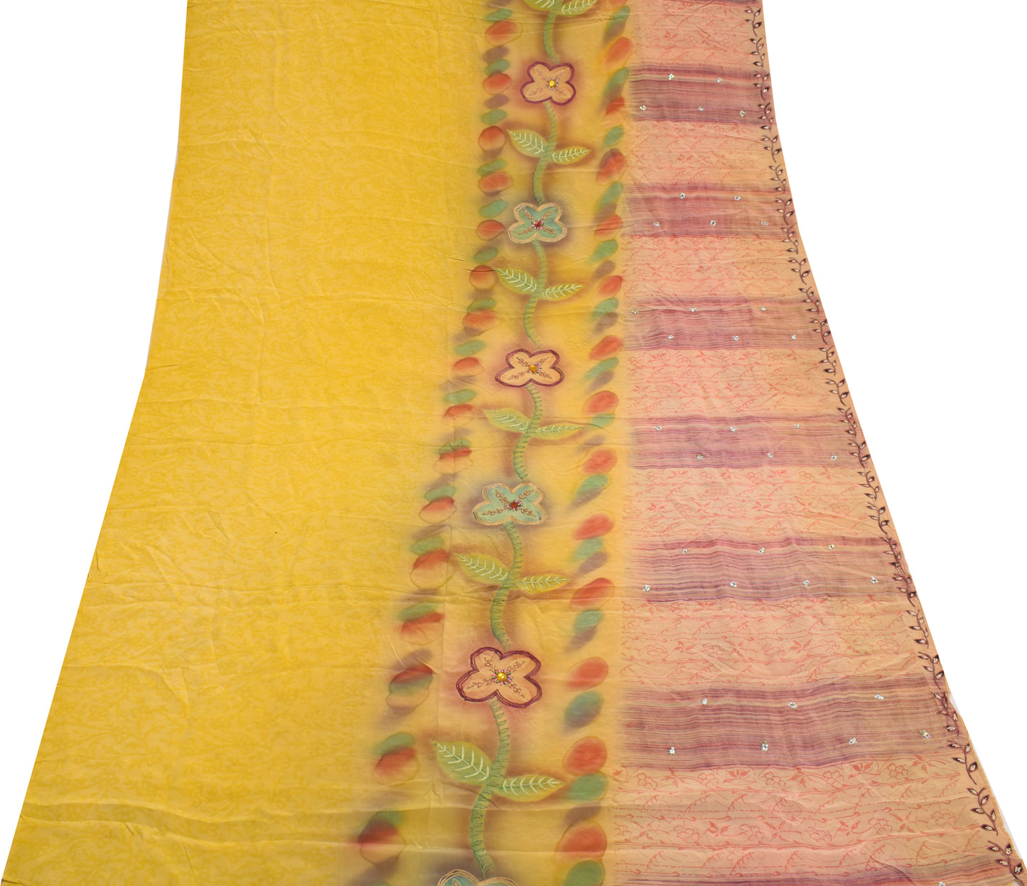 Sushila Vintage Yellow Sari Remnant Scrap Pure Crepe Hand Beaded Craft Fabric