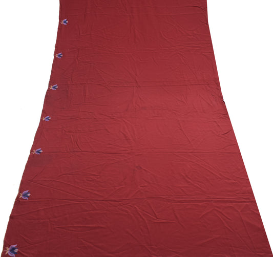 Sushila Vintage Maroon Pure Crepe Sari Remnant Scrap Embroidered Craft Fabric