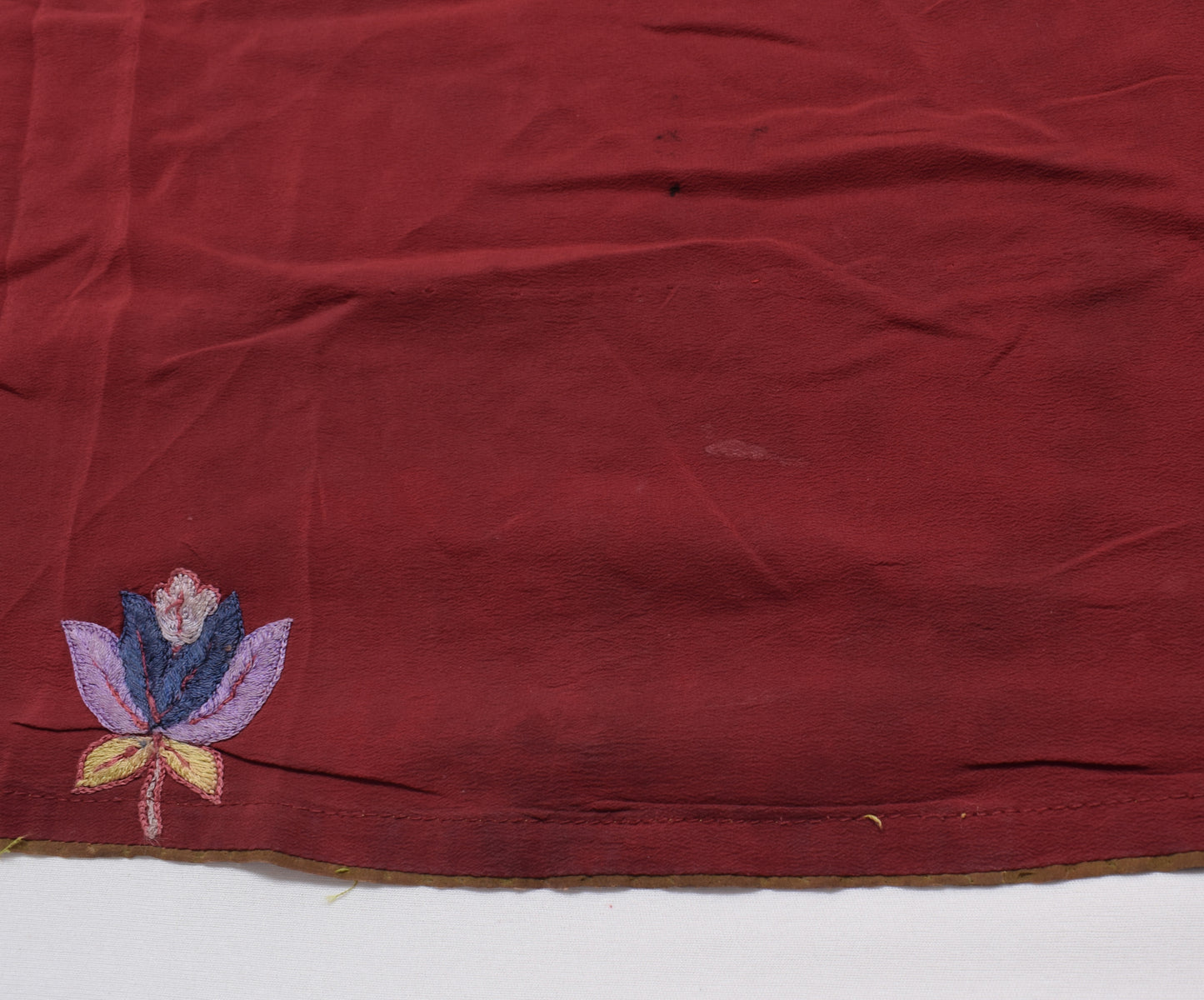Sushila Vintage Maroon Pure Crepe Sari Remnant Scrap Embroidered Craft Fabric