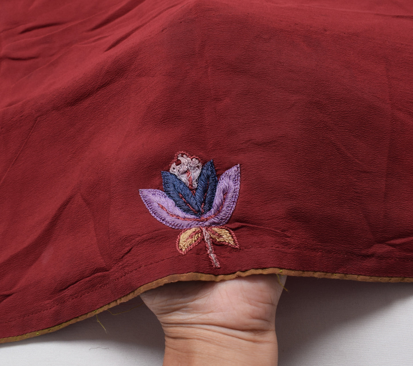 Sushila Vintage Maroon Pure Crepe Sari Remnant Scrap Embroidered Craft Fabric