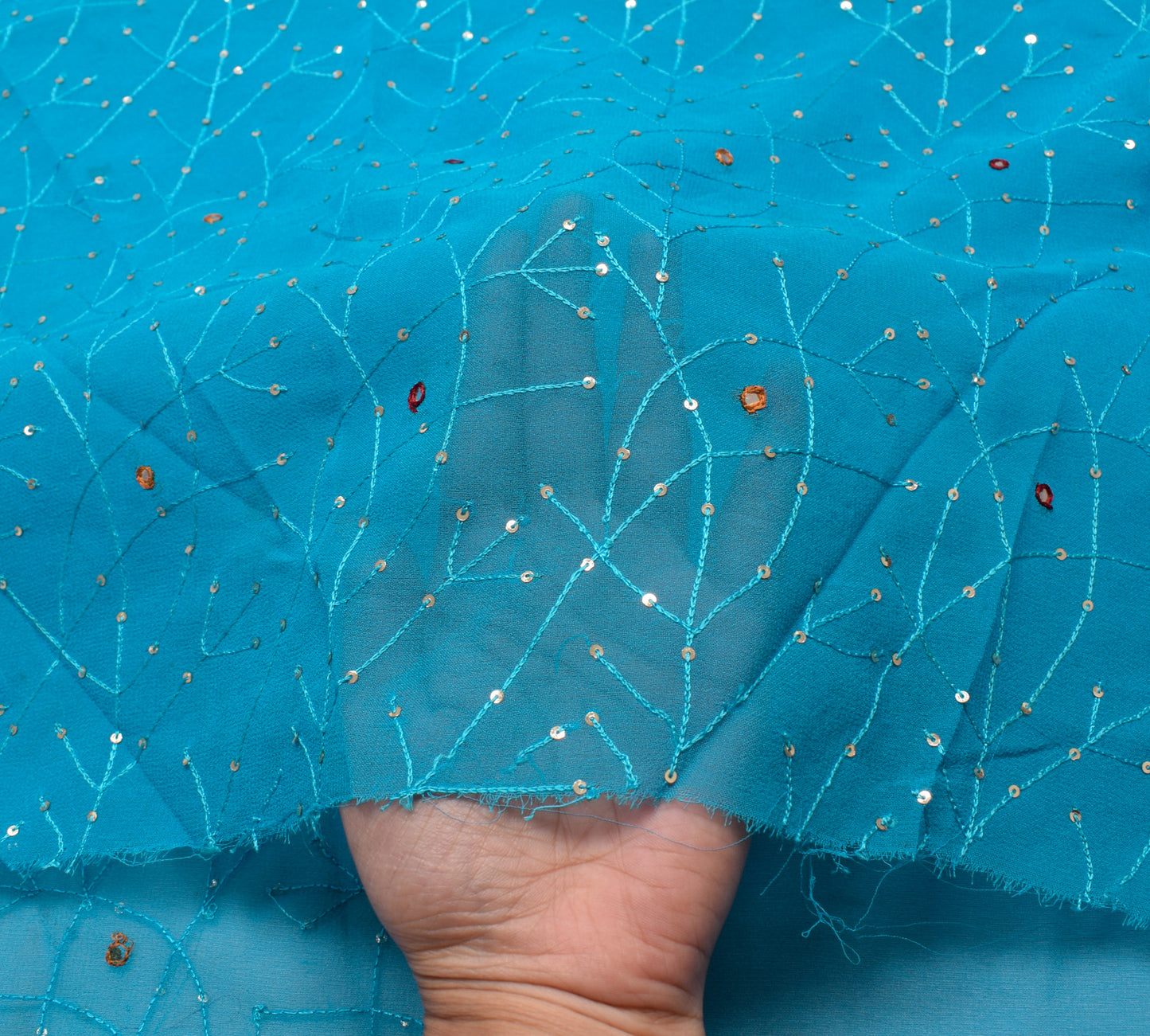 Sushila Vintage Blue Sari Remnant Scrap Georgette Silk Embroidered Craft Fabric