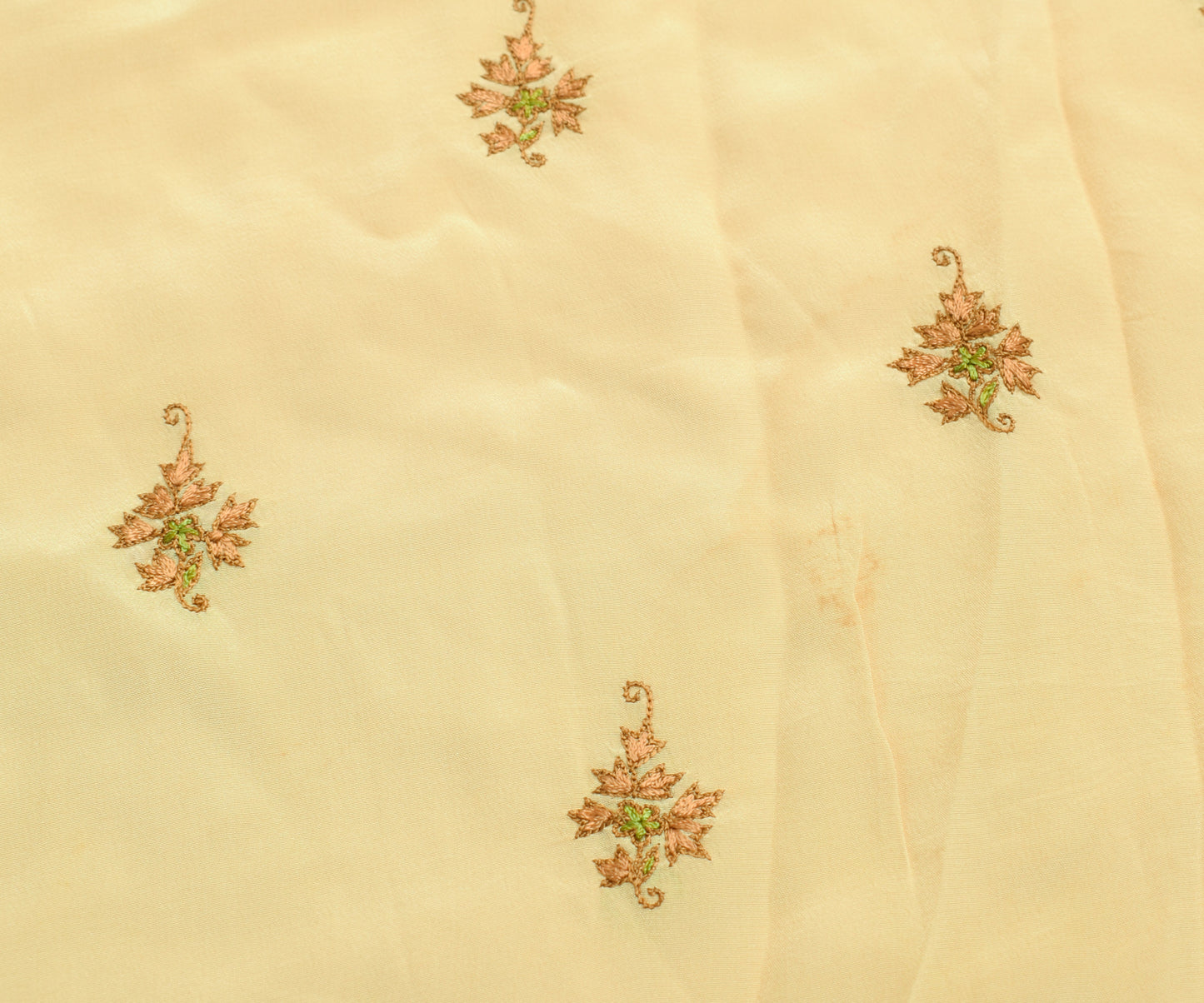 Sushila Vintage Beige Silk Sari Remnant Scrap Embroidered Floral Craft Fabric