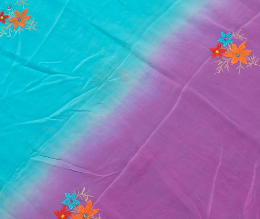 Sushila Vintage Aqua Pure Crepe Silk Sari Remnant Scrap Embroidered Craft Fabric