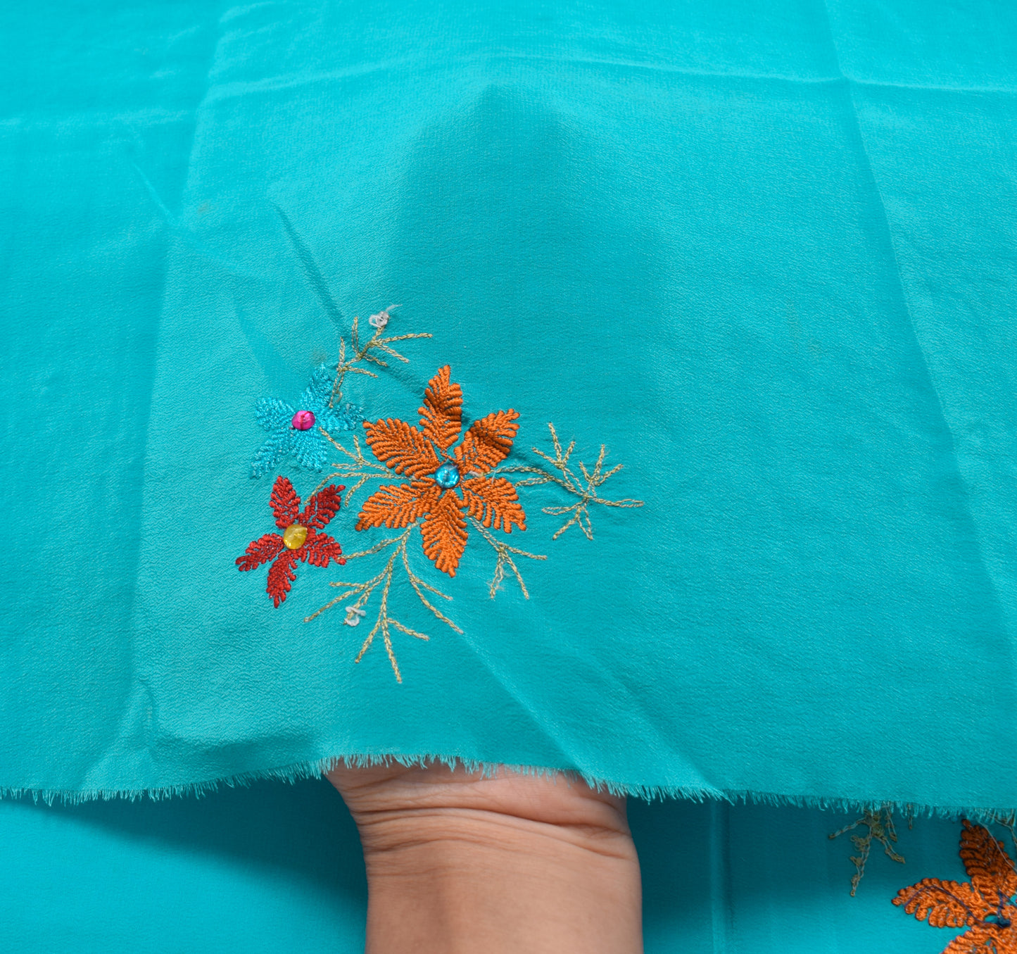 Sushila Vintage Aqua Pure Crepe Silk Sari Remnant Scrap Embroidered Craft Fabric
