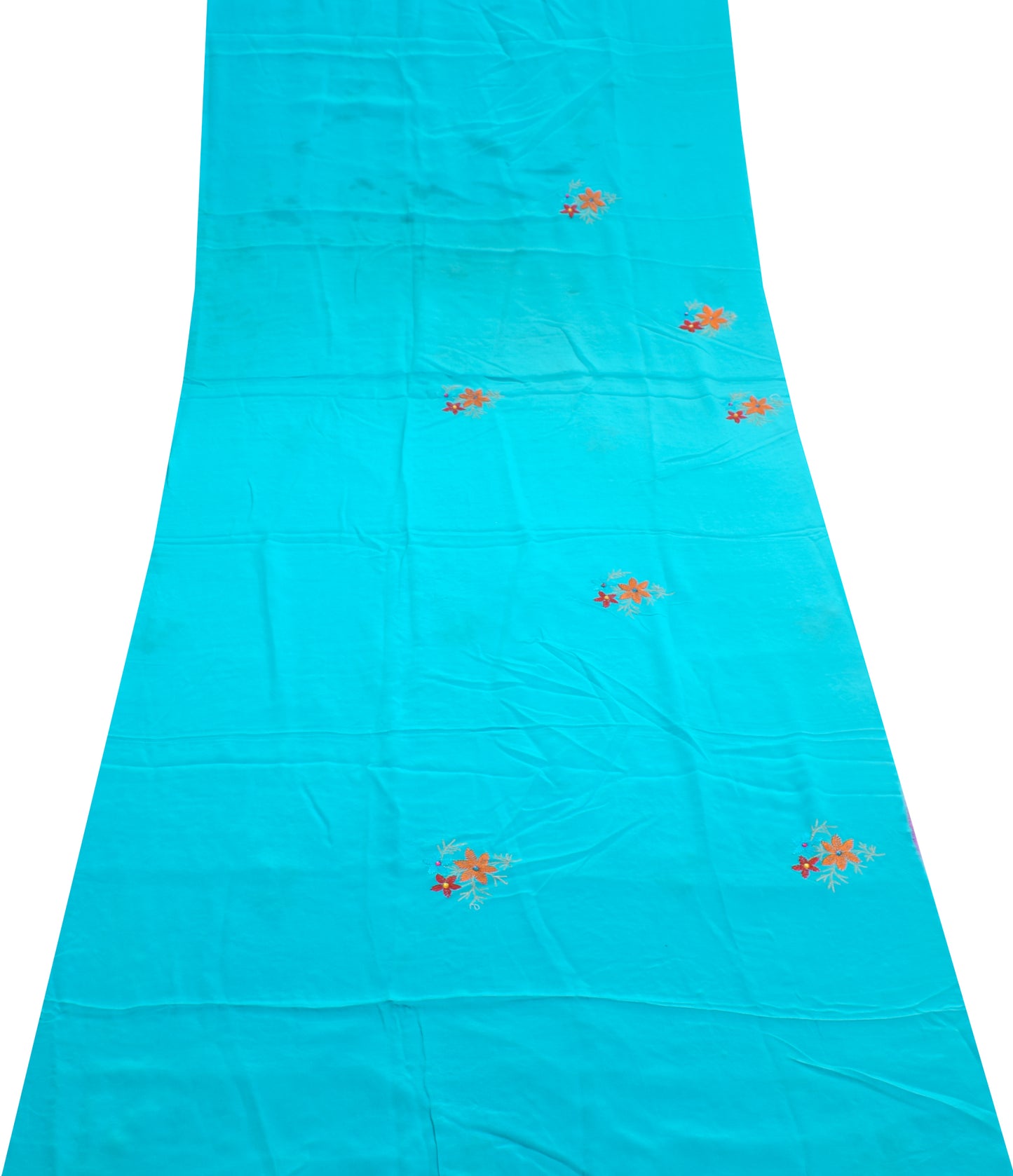 Sushila Vintage Aqua Pure Crepe Silk Sari Remnant Scrap Embroidered Craft Fabric