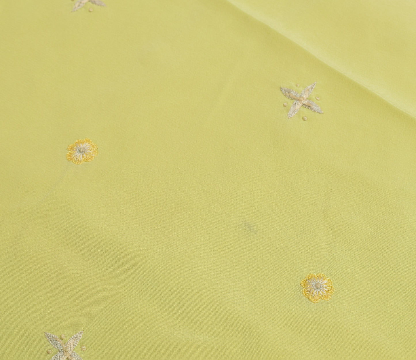 Sushila Vintage Yellow Sari Remnant Scrap Crepe Hand Embroidered Craft Fabric
