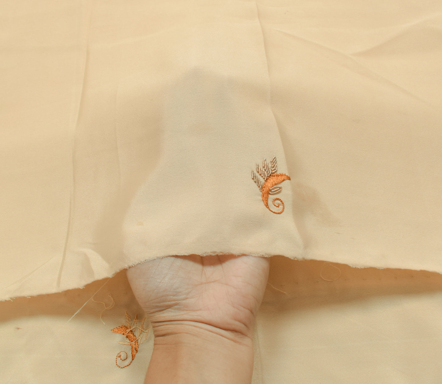 Sushila Vintage Beige Art Silk Sari Remnant Scrap Hand Beaded Soft Craft Fabric