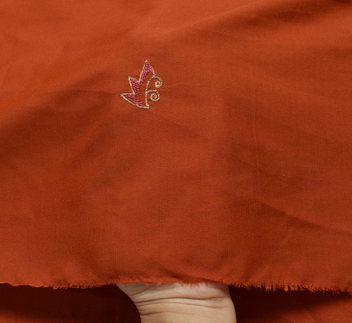 Sushila Vintage Rust Crepe Silk Sari Remnant Scrap Embroidered Soft Craft Fabric