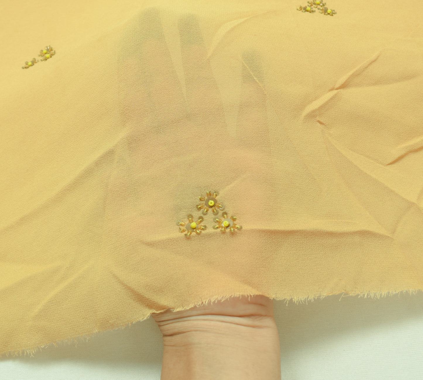 Sushila Vintage Mustard Georgette Sari Remnant Scrap Hand Beaded Craft Fabric