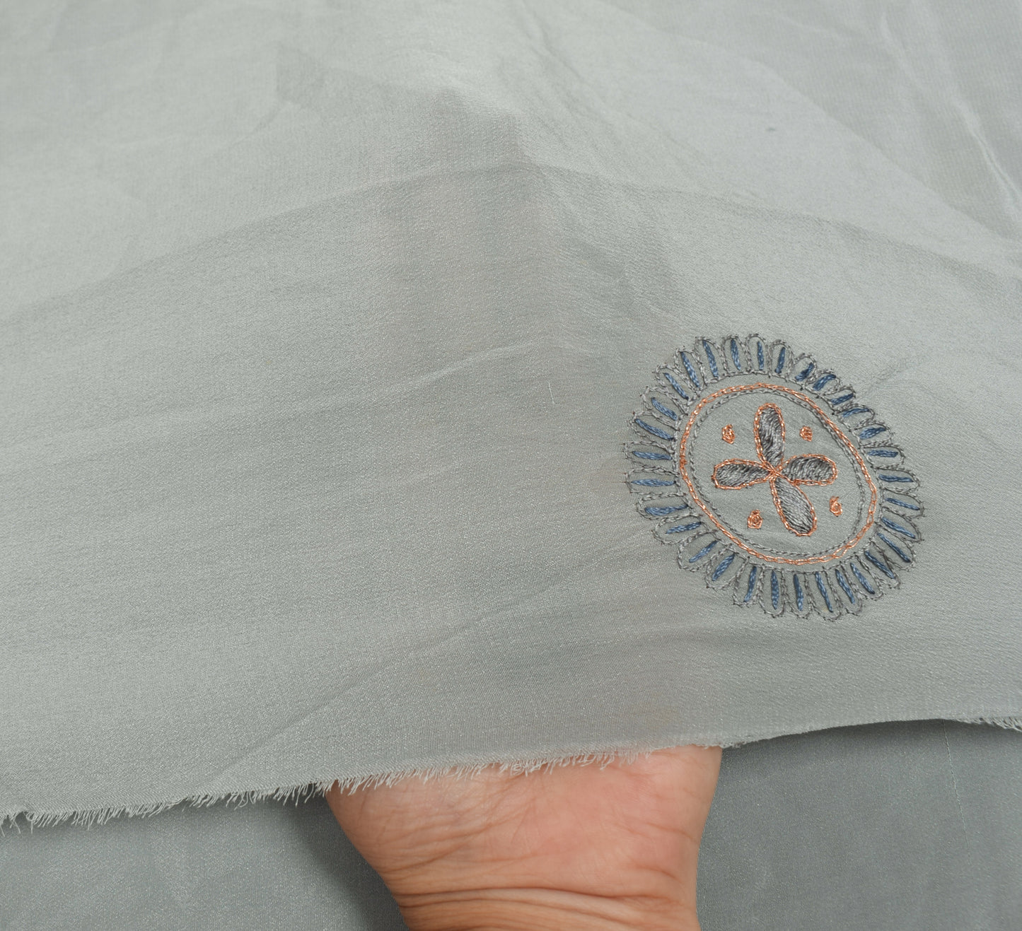 Sushila Vintage Gray Pure Crepe Silk Sari Remnant Scrap Embroidered Craft Fabric