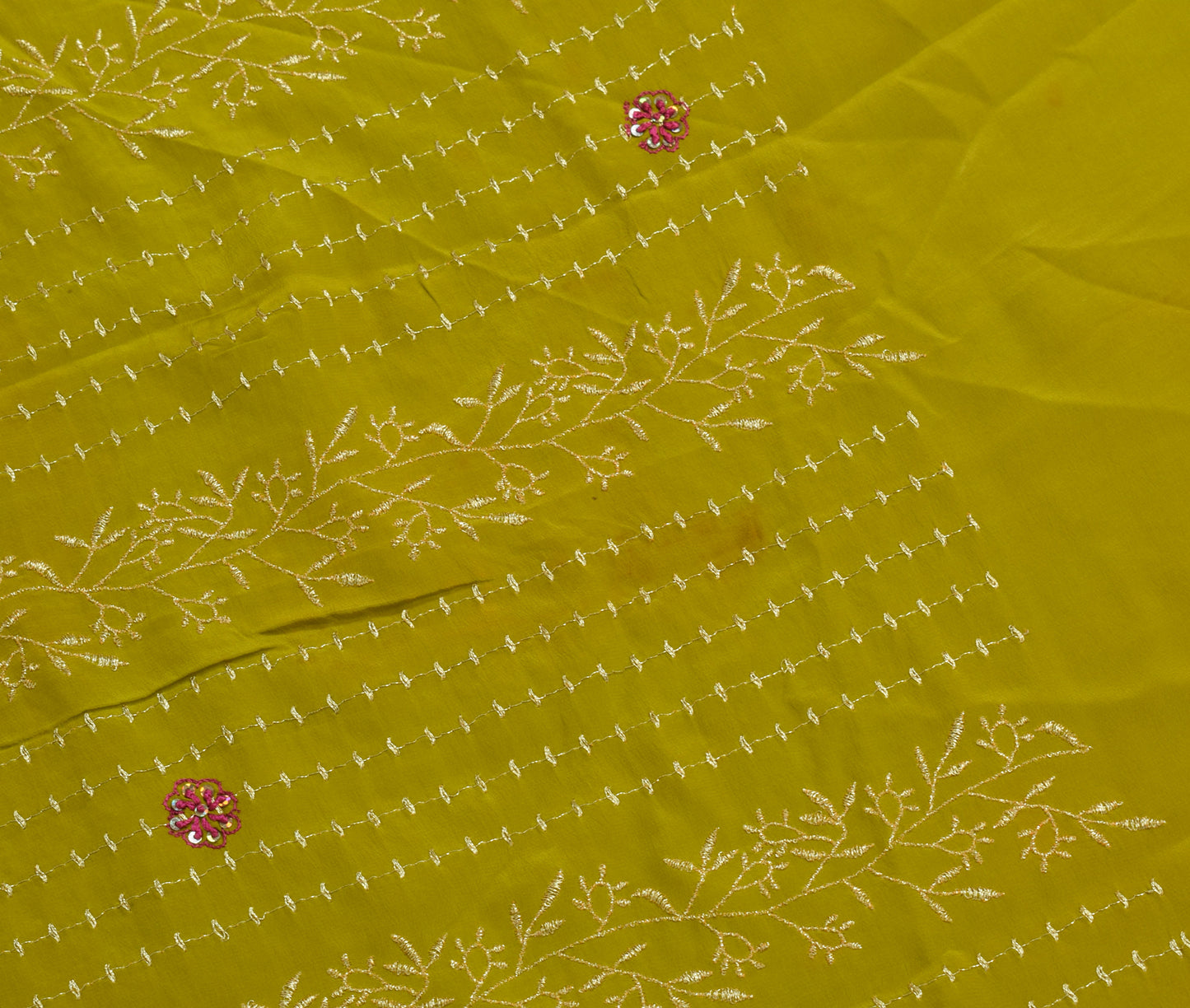 Sushila Vintage Green Sari Remnant Scrap Pure Crepe Embroidered Craft Fabric