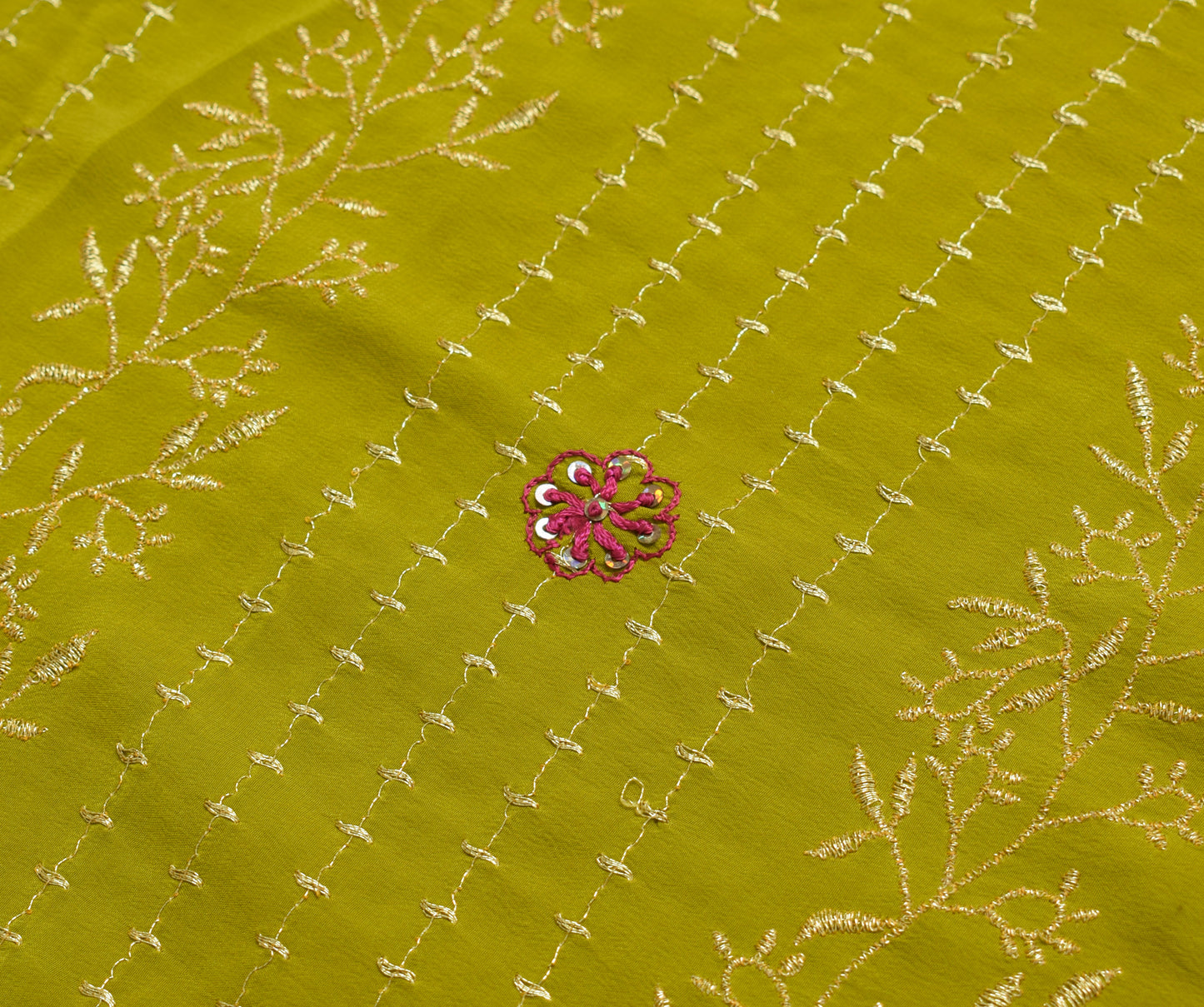 Sushila Vintage Green Sari Remnant Scrap Pure Crepe Embroidered Craft Fabric
