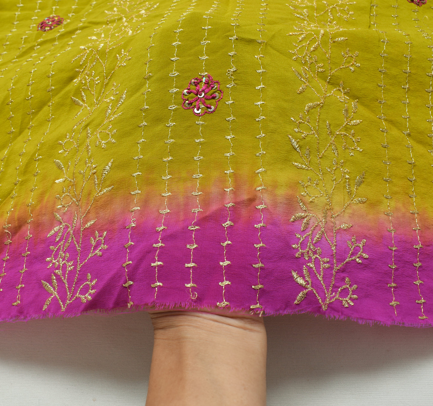 Sushila Vintage Green Sari Remnant Scrap Pure Crepe Embroidered Craft Fabric