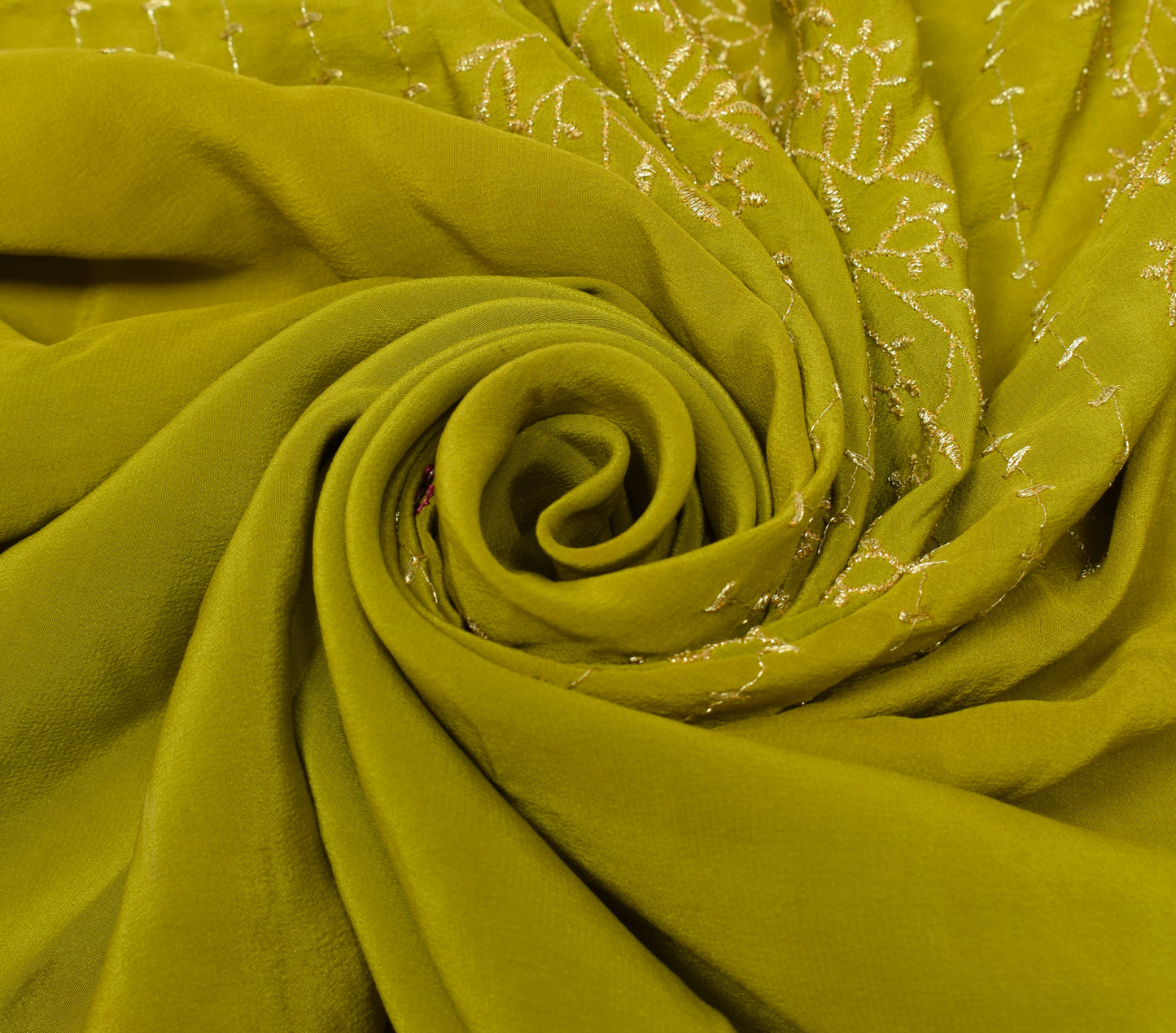 Sushila Vintage Green Sari Remnant Scrap Pure Crepe Embroidered Craft Fabric