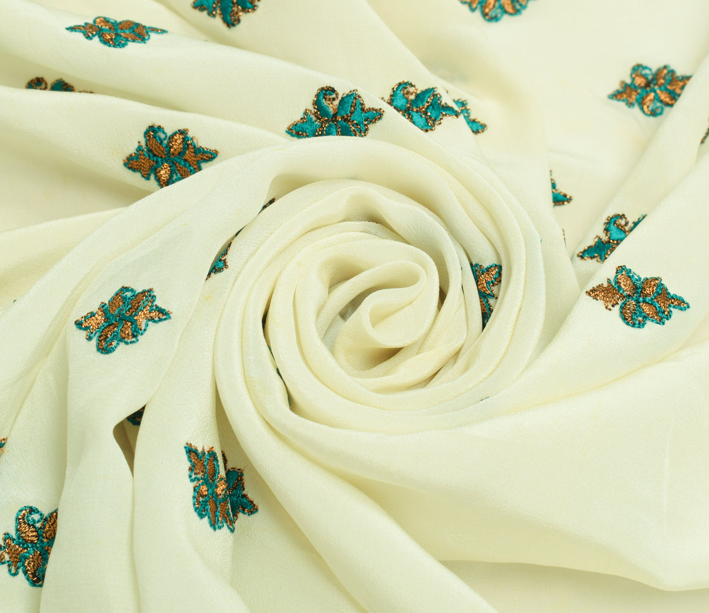 Sushila Vintage Cream Sari Remnant Scrap Multi Purpose Embroidered Craft Fabric