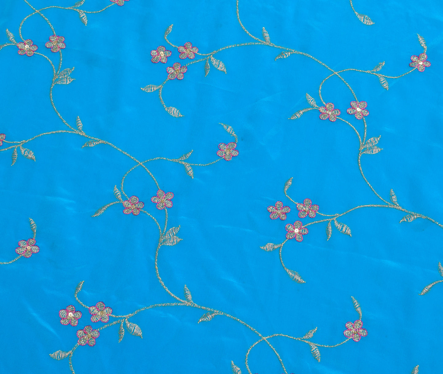 Sushila Vintage Blue Silk Sari Remnant Scrap Embroidered Floral Craft Fabric
