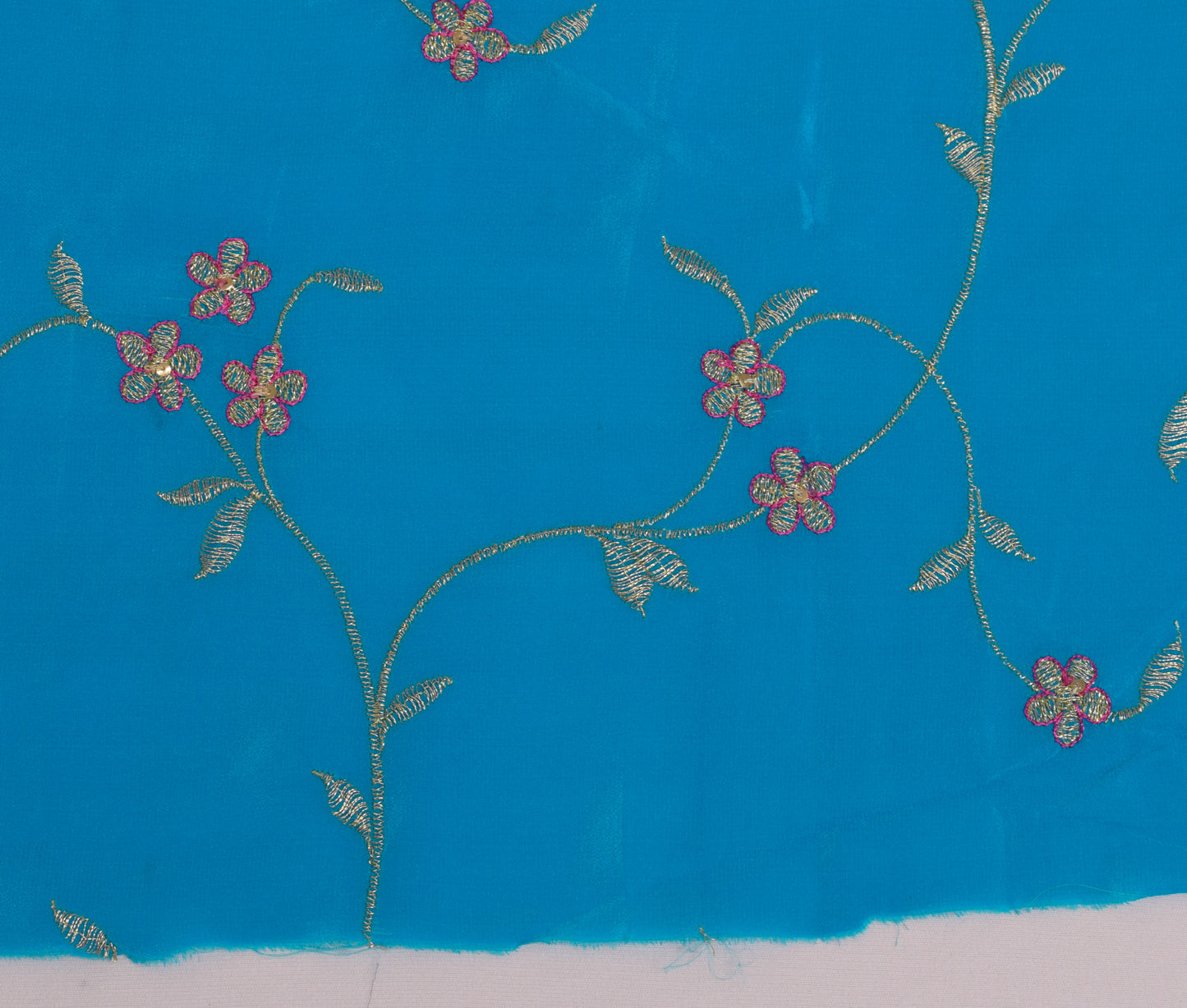 Sushila Vintage Blue Silk Sari Remnant Scrap Embroidered Floral Craft Fabric