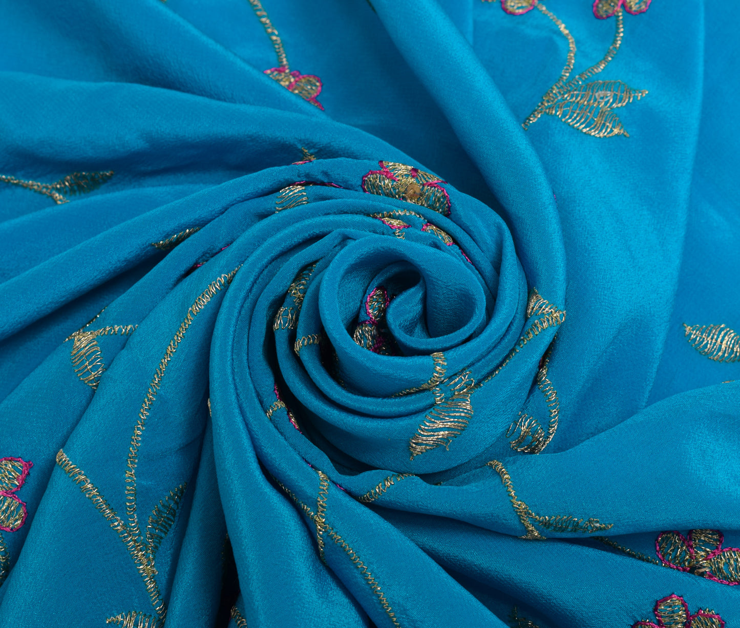 Sushila Vintage Blue Silk Sari Remnant Scrap Embroidered Floral Craft Fabric