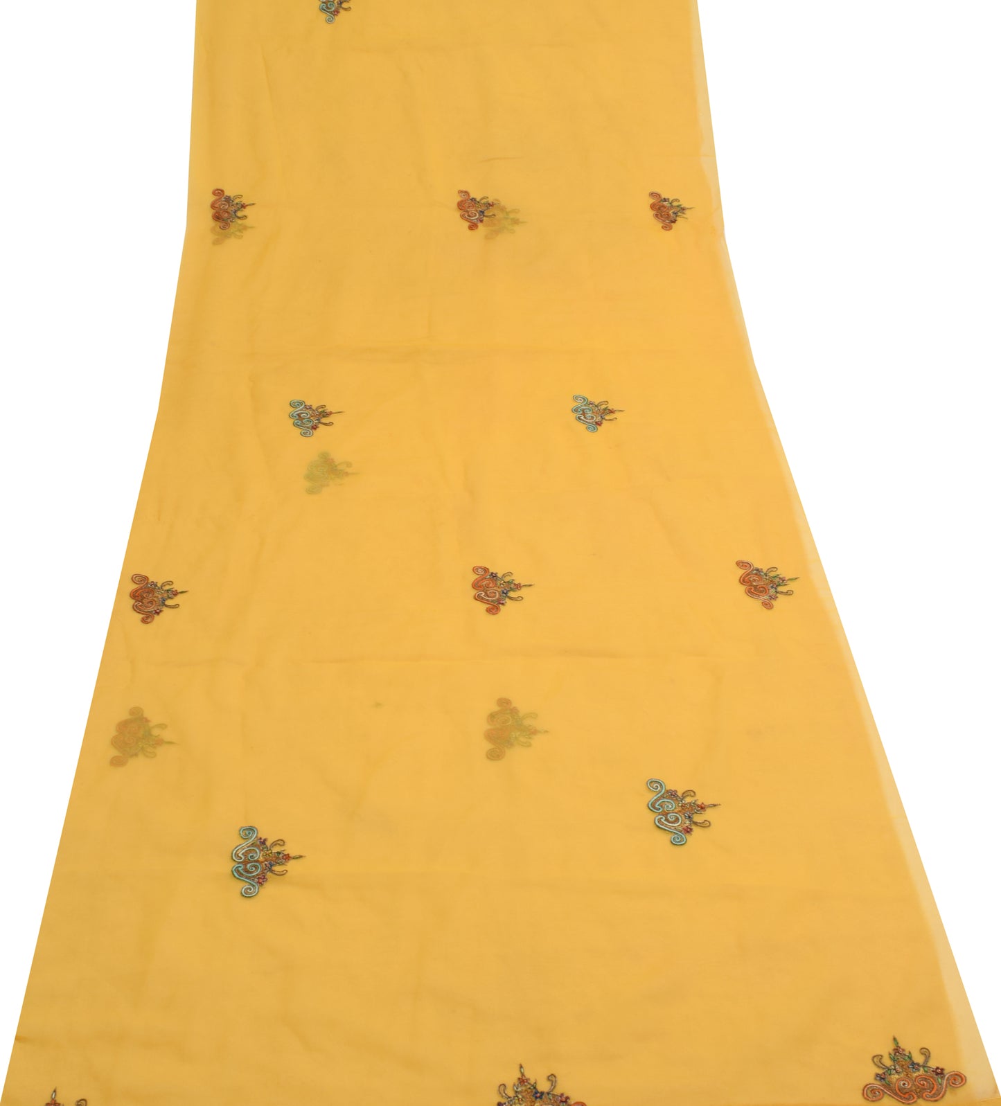 Sushila Vintage Yellow Sari Remnant Scrap Georgette Embroidered Craft Fabric