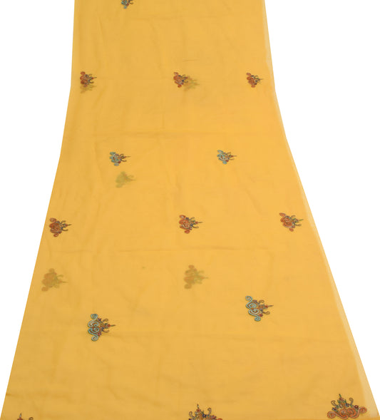 Sushila Vintage Yellow Sari Remnant Scrap Georgette Embroidered Craft Fabric