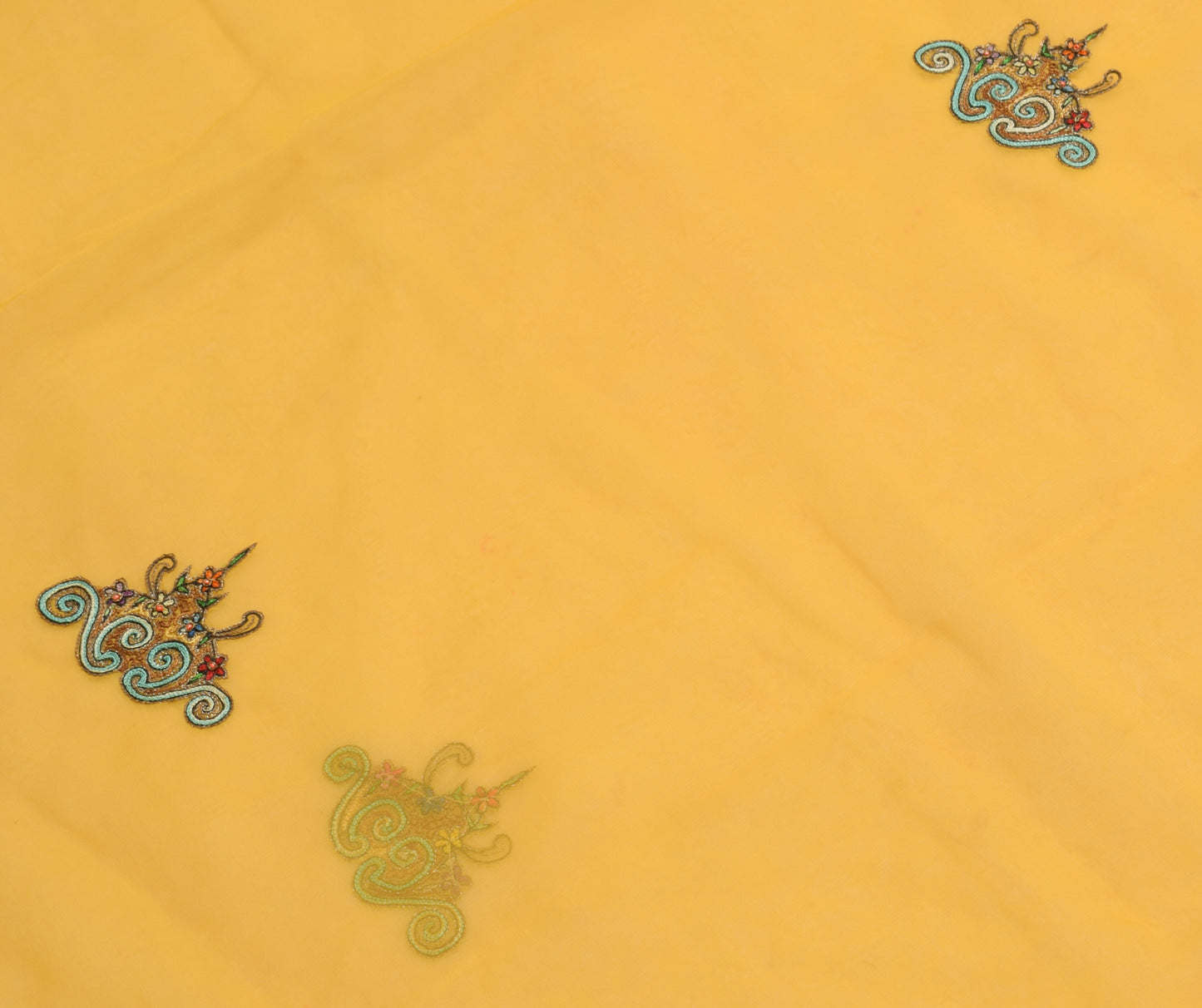 Sushila Vintage Yellow Sari Remnant Scrap Georgette Embroidered Craft Fabric